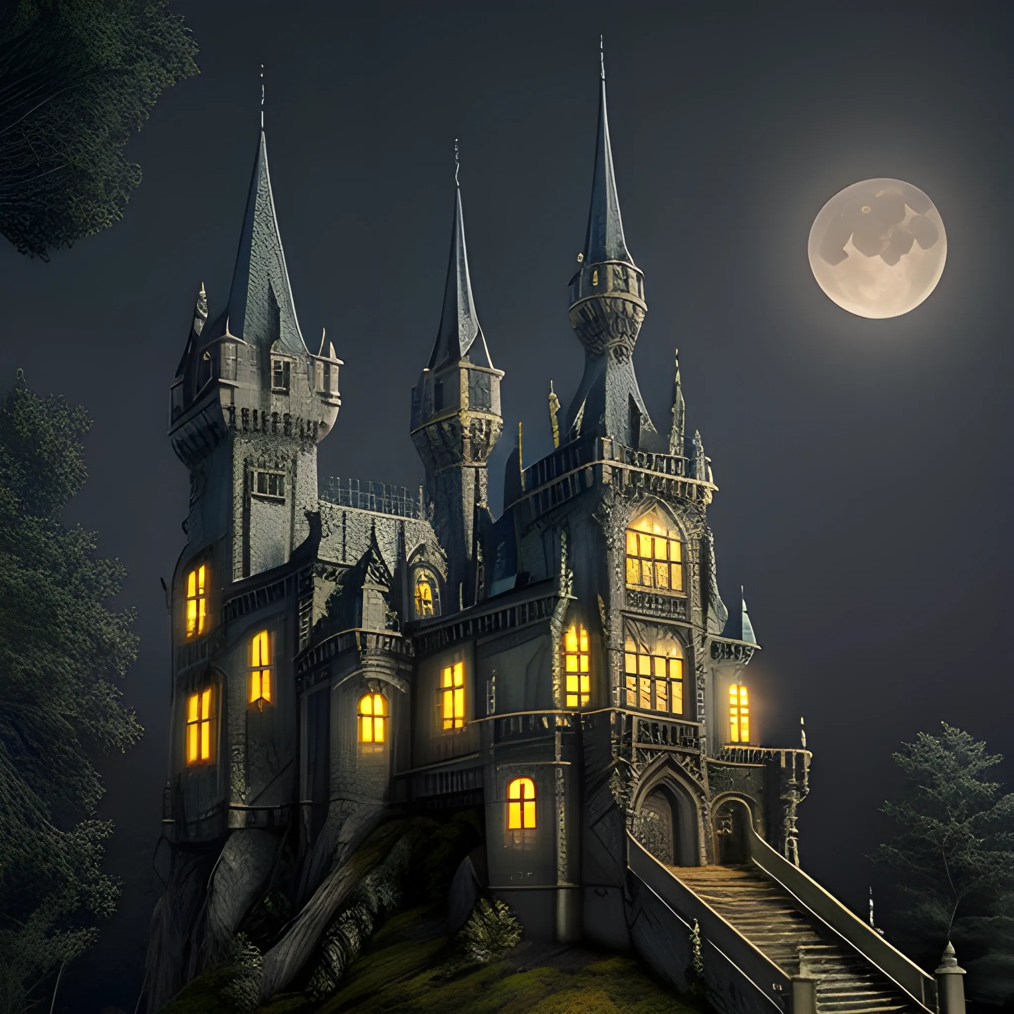 realistic gothic castle moon bats nighttime masterpiece 