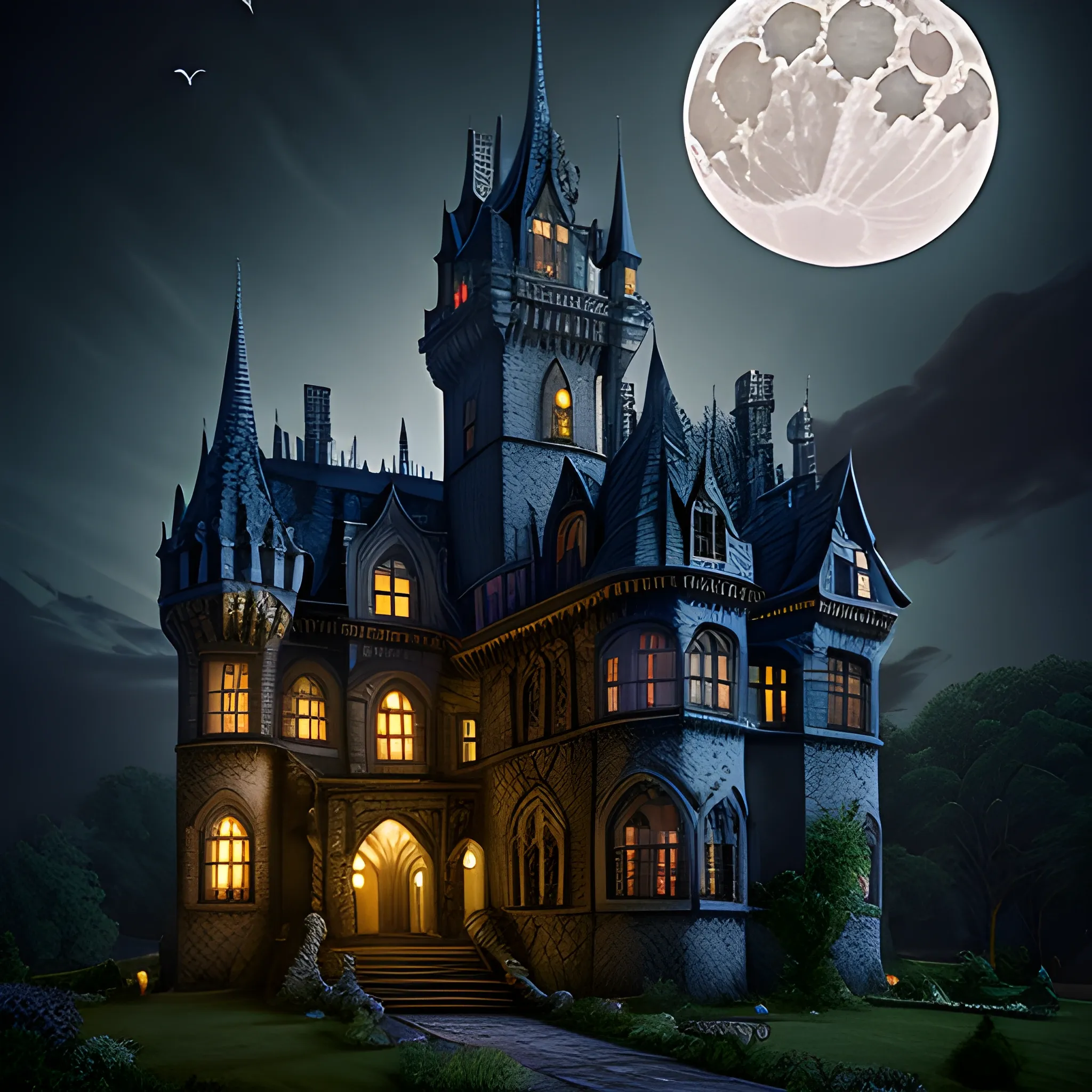 realistic gothic castle moon bats nighttime 
masterpiece "dappled lighting" photography "intricate detail"