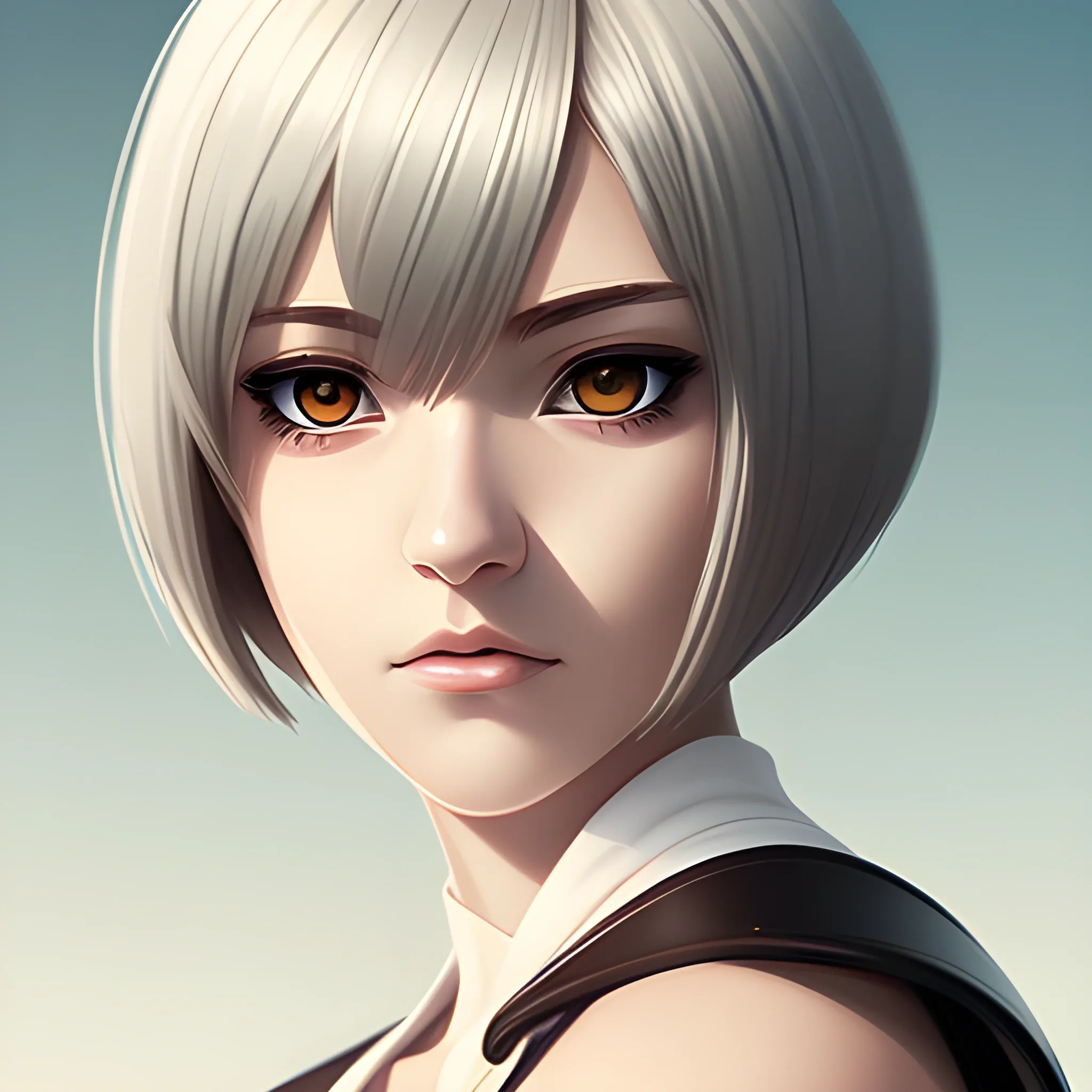 Woman, white clothes with brown borders, warrior, anime, detail, bob cut hair, half body portraits, anime style
