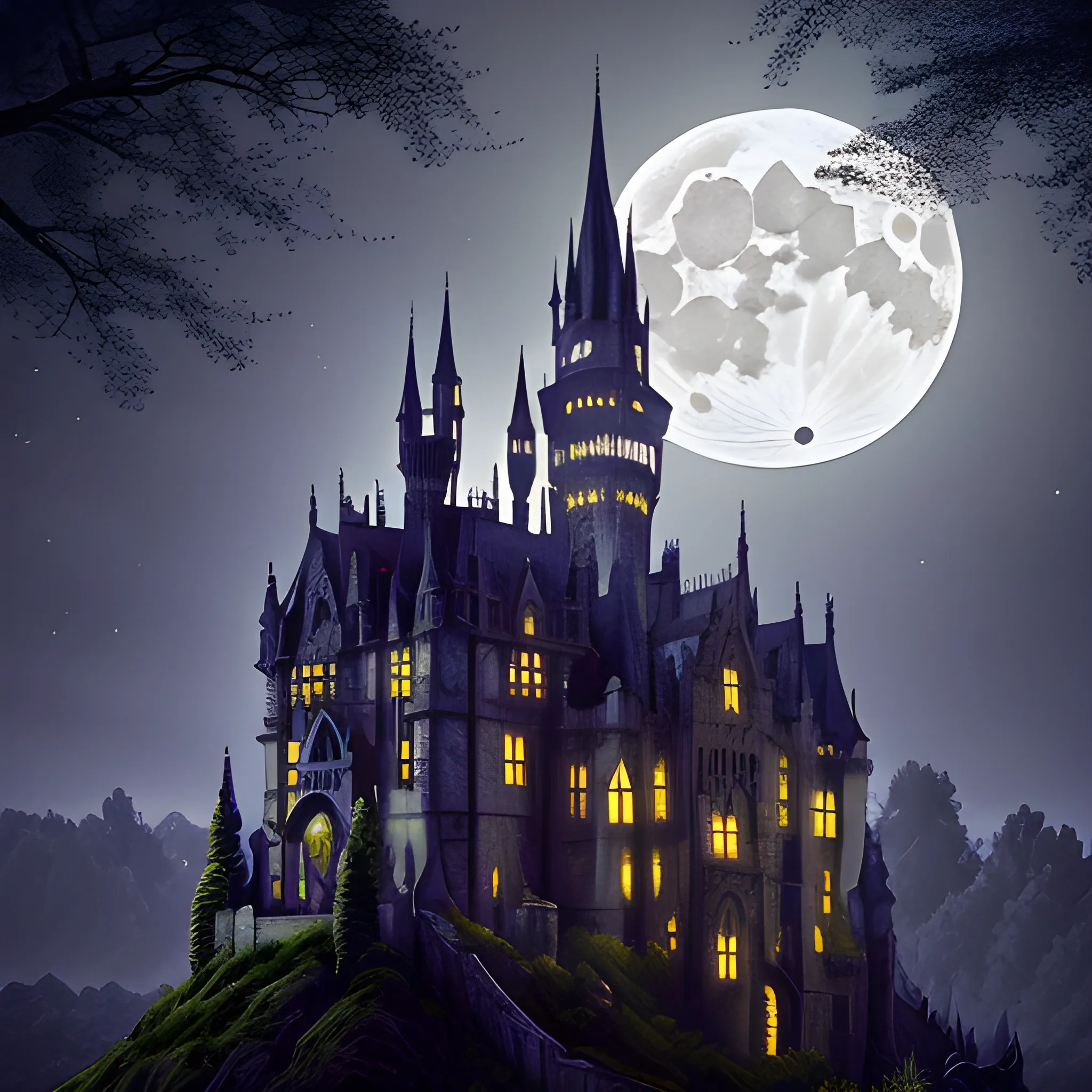 realistic classic haunted gothic castle moon bats nighttime mas ...