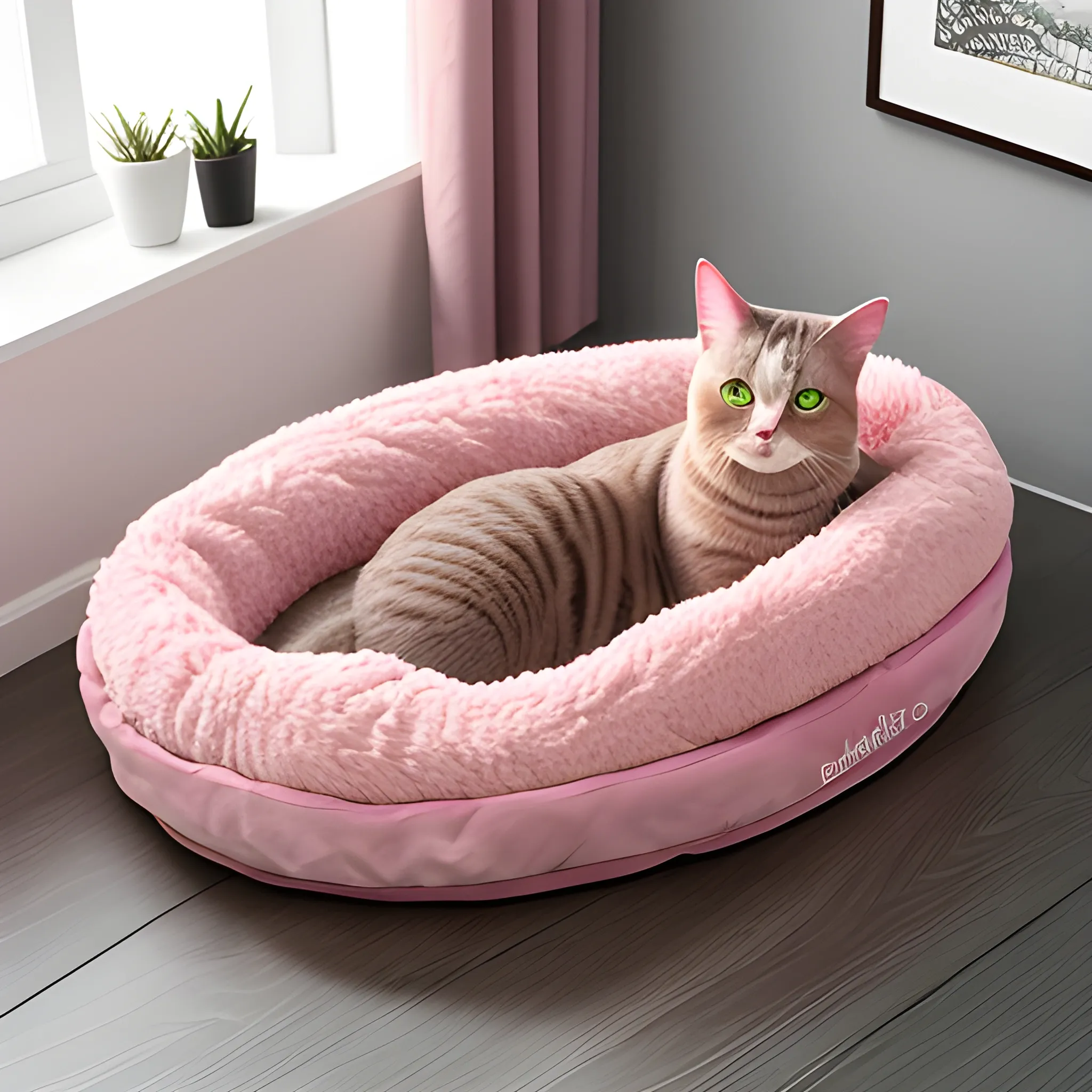 realistic young girl with pink hair, cat, bed, house 
