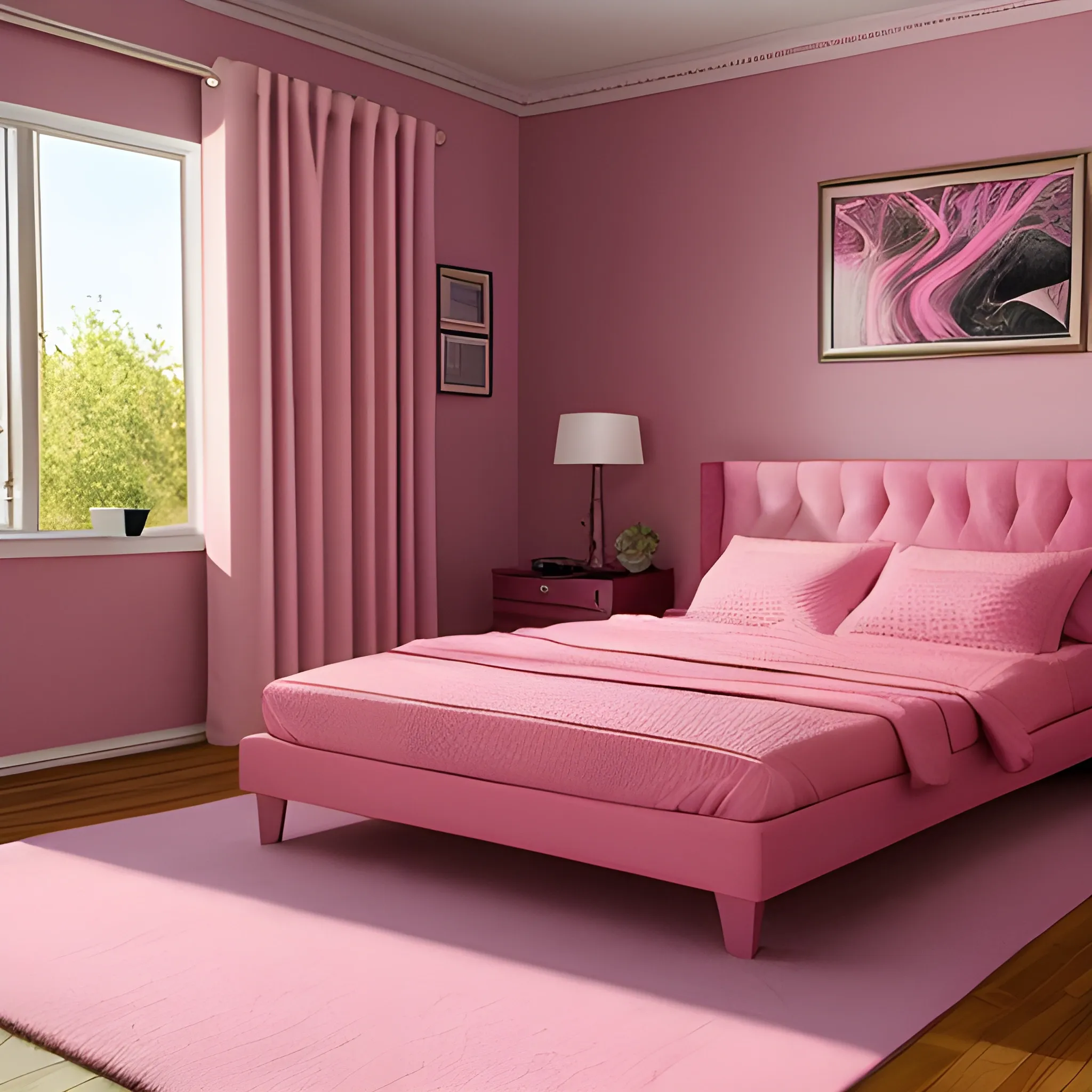 realistic young girl with pink hair, bed, house 
