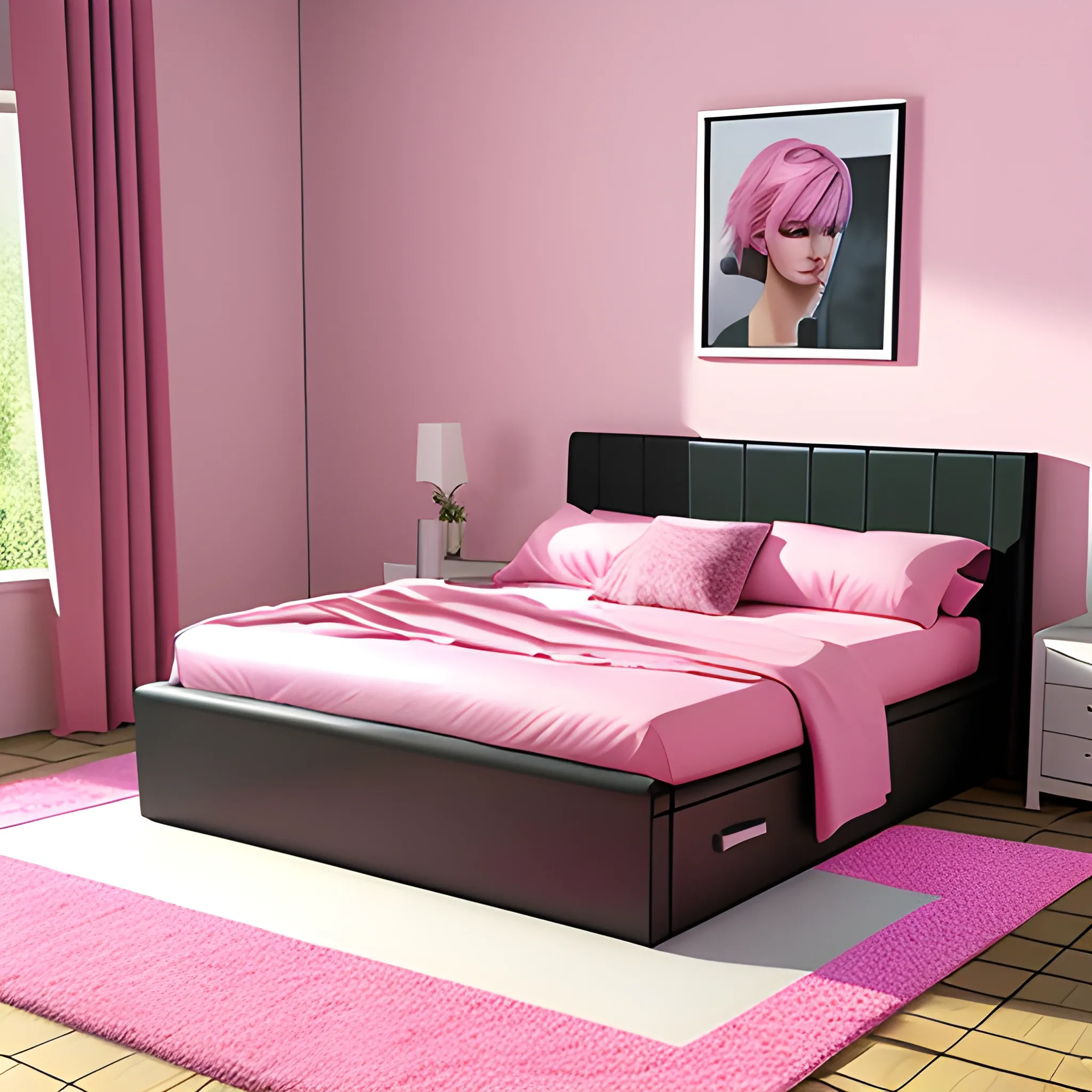 realistic young girl with pink hair, bed, house 
, 3D
