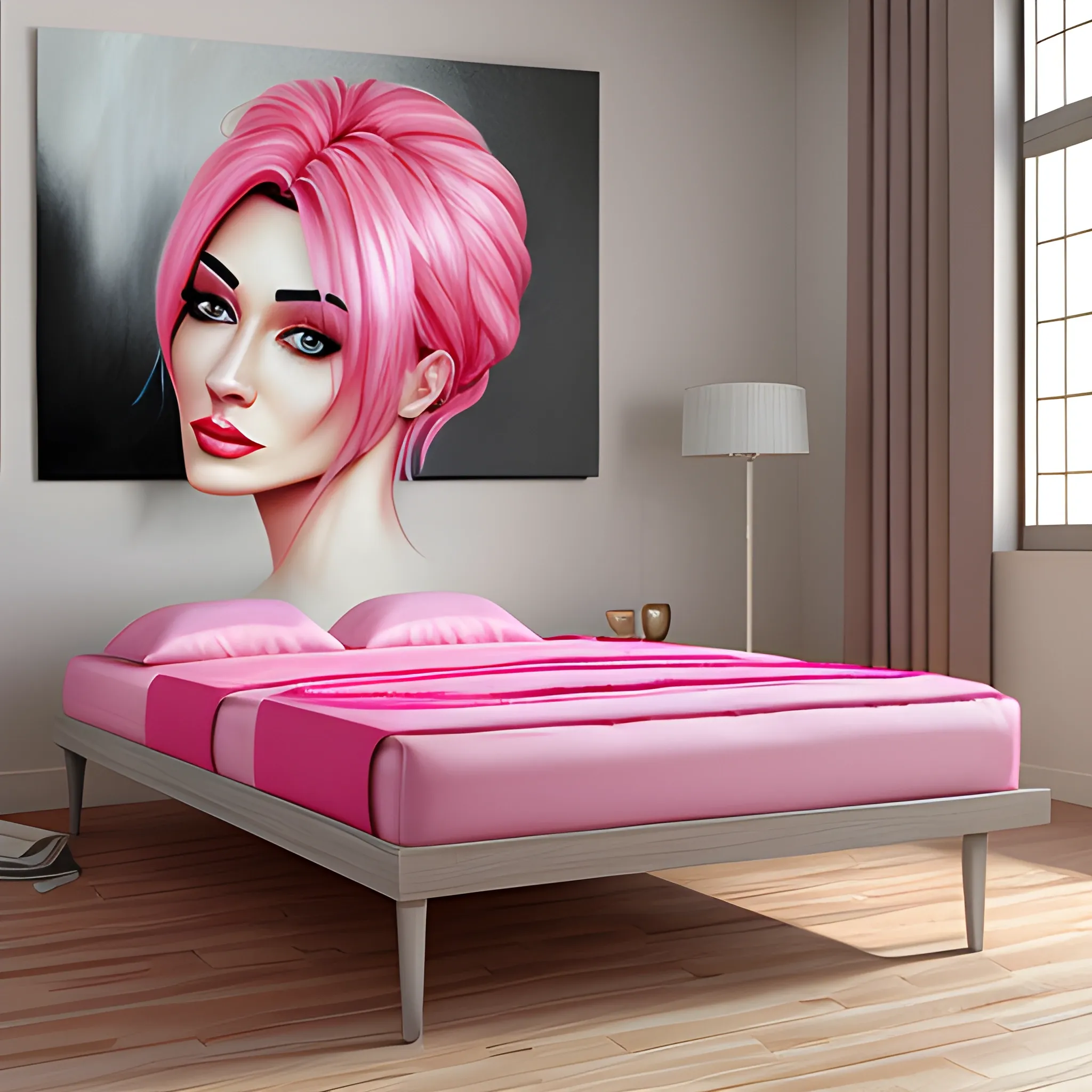 realistic young girl with pink hair, bed, house 
, 3D, Pencil Sketch, Oil Painting