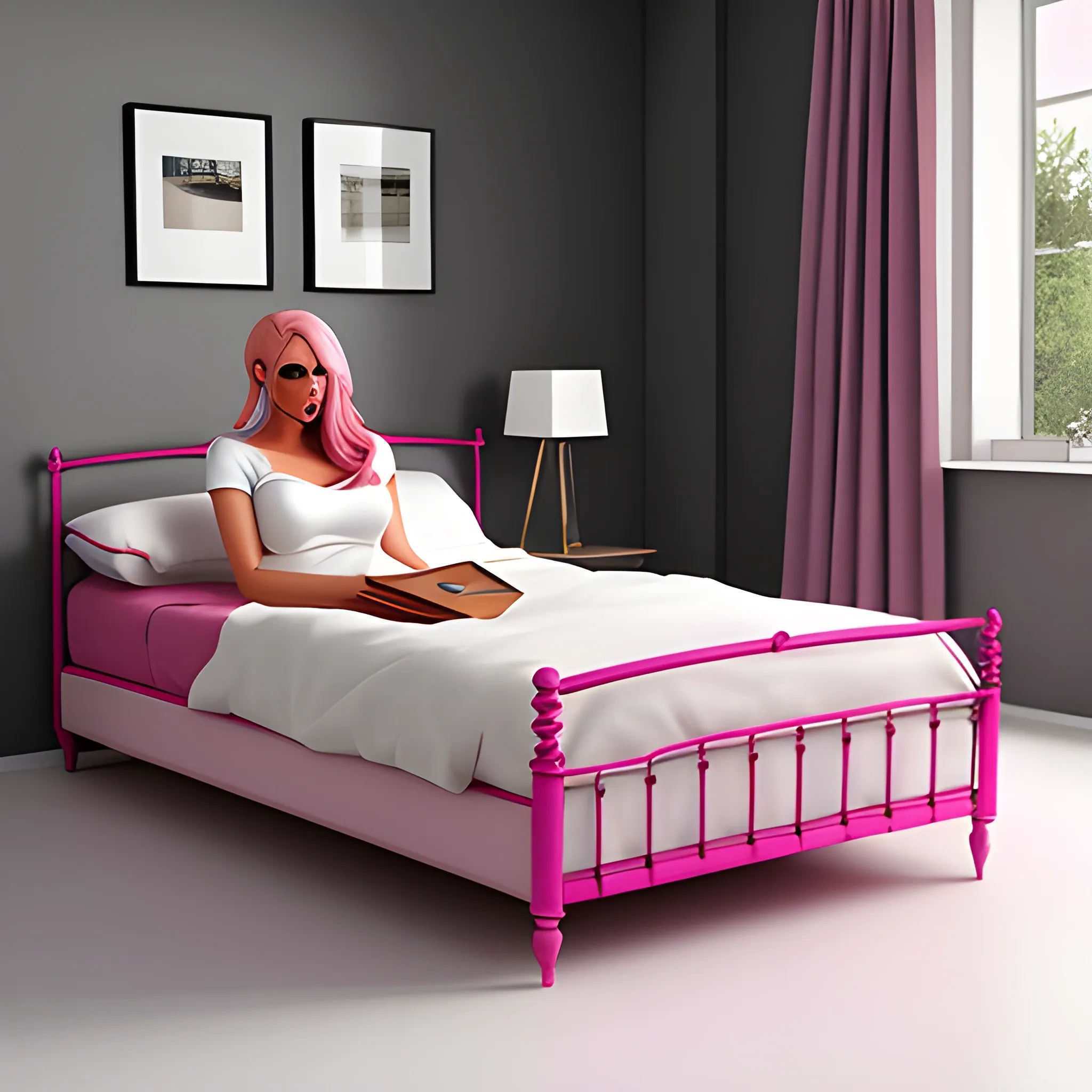 realistic young girl with pink hair, bed, house