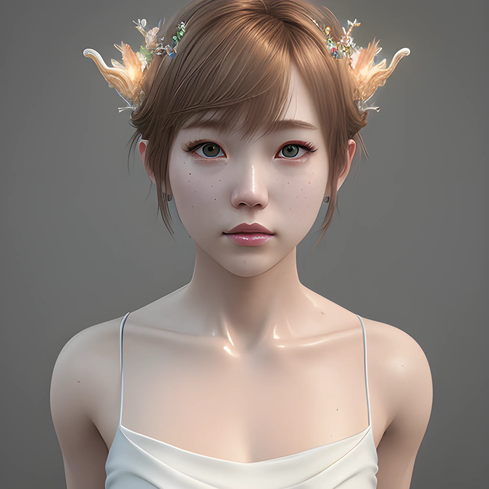 Best Quality, Masterpiece, Ultra HD, Realism, Skin Detail, Korean, Bangs, semi Short Hair, Light brown Hair Color, up body, close up, wear croptop, mermaid rainbow, bride crown, Beautiful Lighting, Dynamic Lighting, Zbrush Sculpt