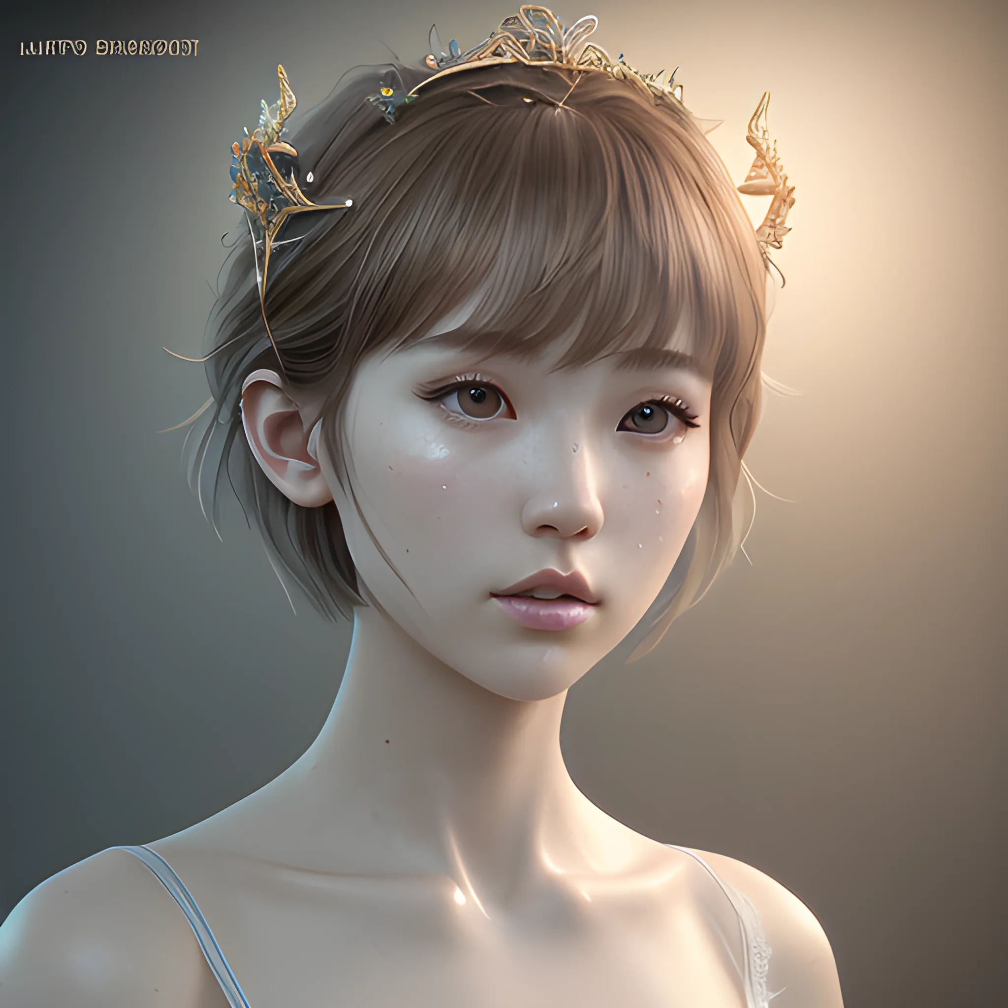 Best Quality, Masterpiece, Ultra HD, Realism, Skin Detail, Korean, Bangs, semi Short Hair, Light brown Hair Color, up body, close up, wear croptop, mermaid rainbow, bride crown, Beautiful Lighting, Dynamic Lighting, Zbrush Sculpt, rayos de luz de fondo 