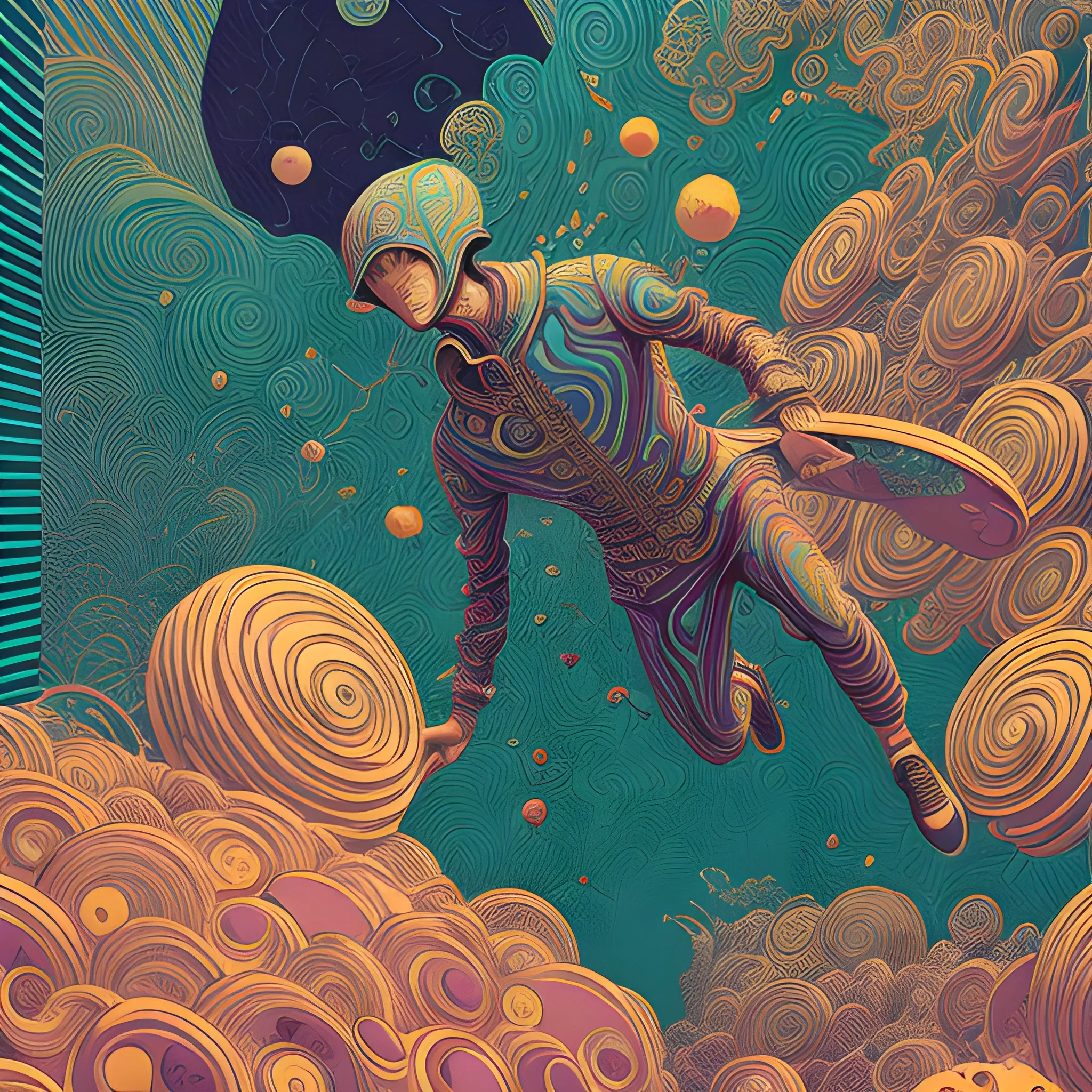 hyperdetailed swirling line art Victo Ngai, Kilian Eng vibrant colors, winning-award masterpiece, fantastically gaudy, aestheticly inspired by beksinski and dan mumford, ,cookies falling from sky, mid close up shot of a chef in a bakery