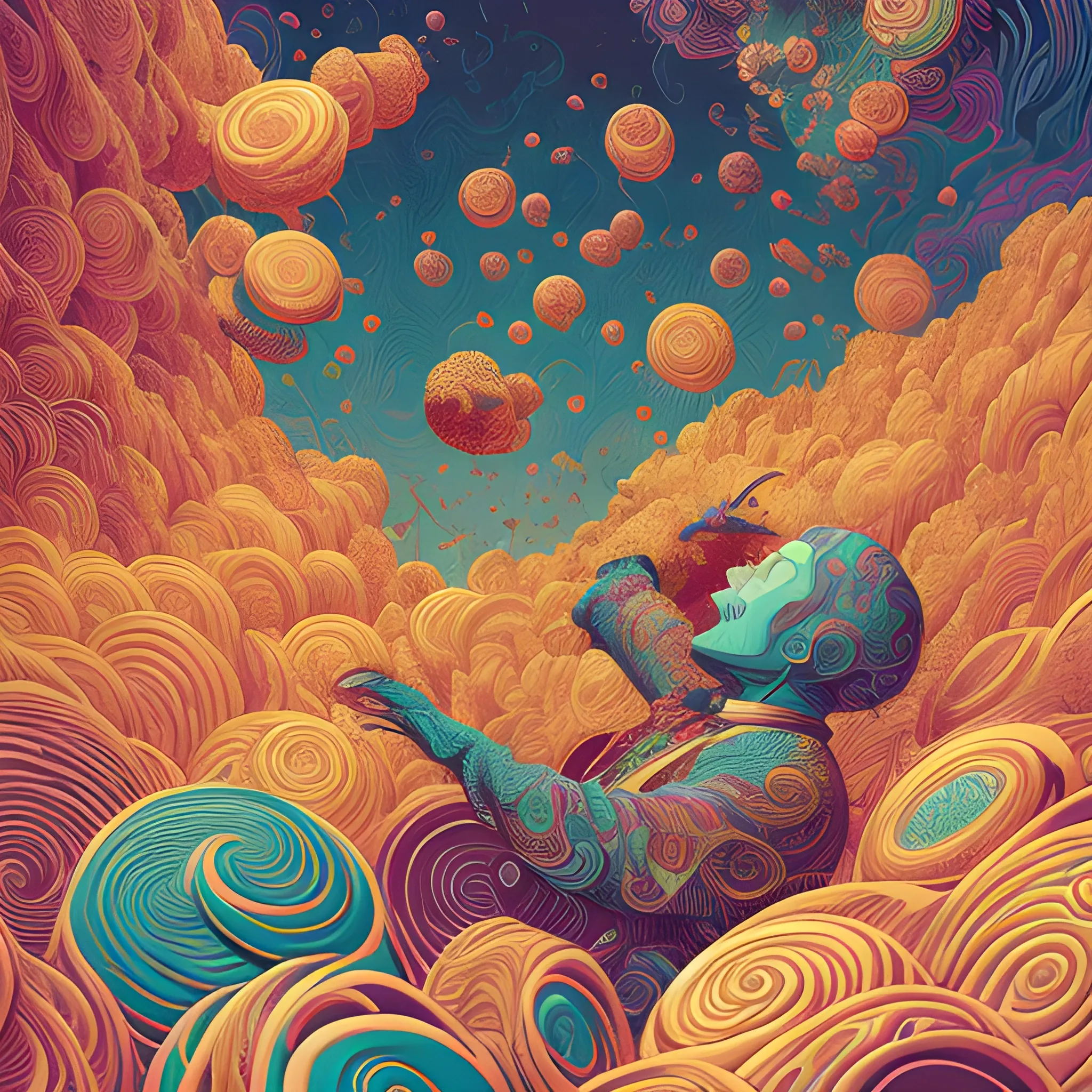 hyperdetailed swirling line art Victo Ngai, Kilian Eng vibrant colors, winning-award masterpiece, fantastically gaudy, aestheticly inspired by beksinski and dan mumford, ,cookies falling from sky, close up shot of a chef in a bakery