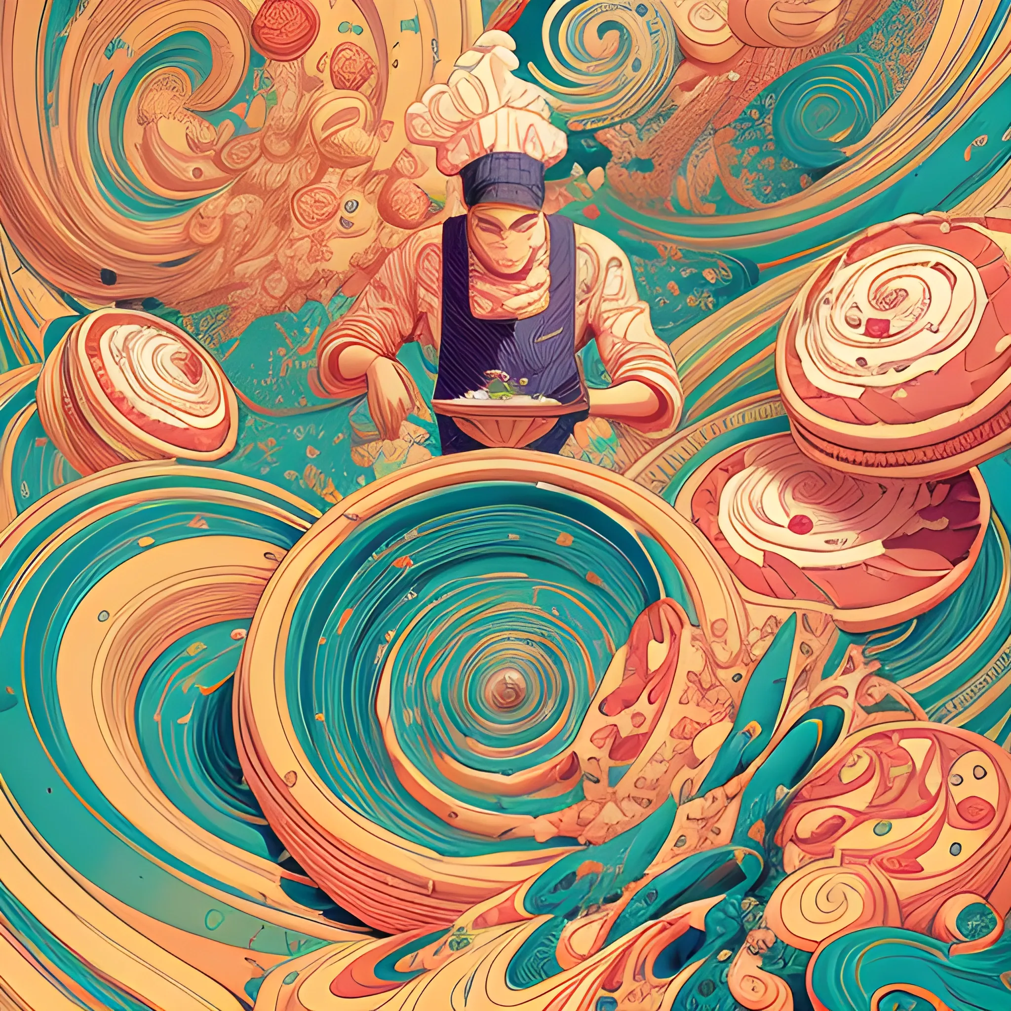 hyperdetailed swirling line art Victo Ngai, Kilian Eng vibrant colors, winning-award masterpiece, cookies falling from sky, close up shot of a chef in a bakery