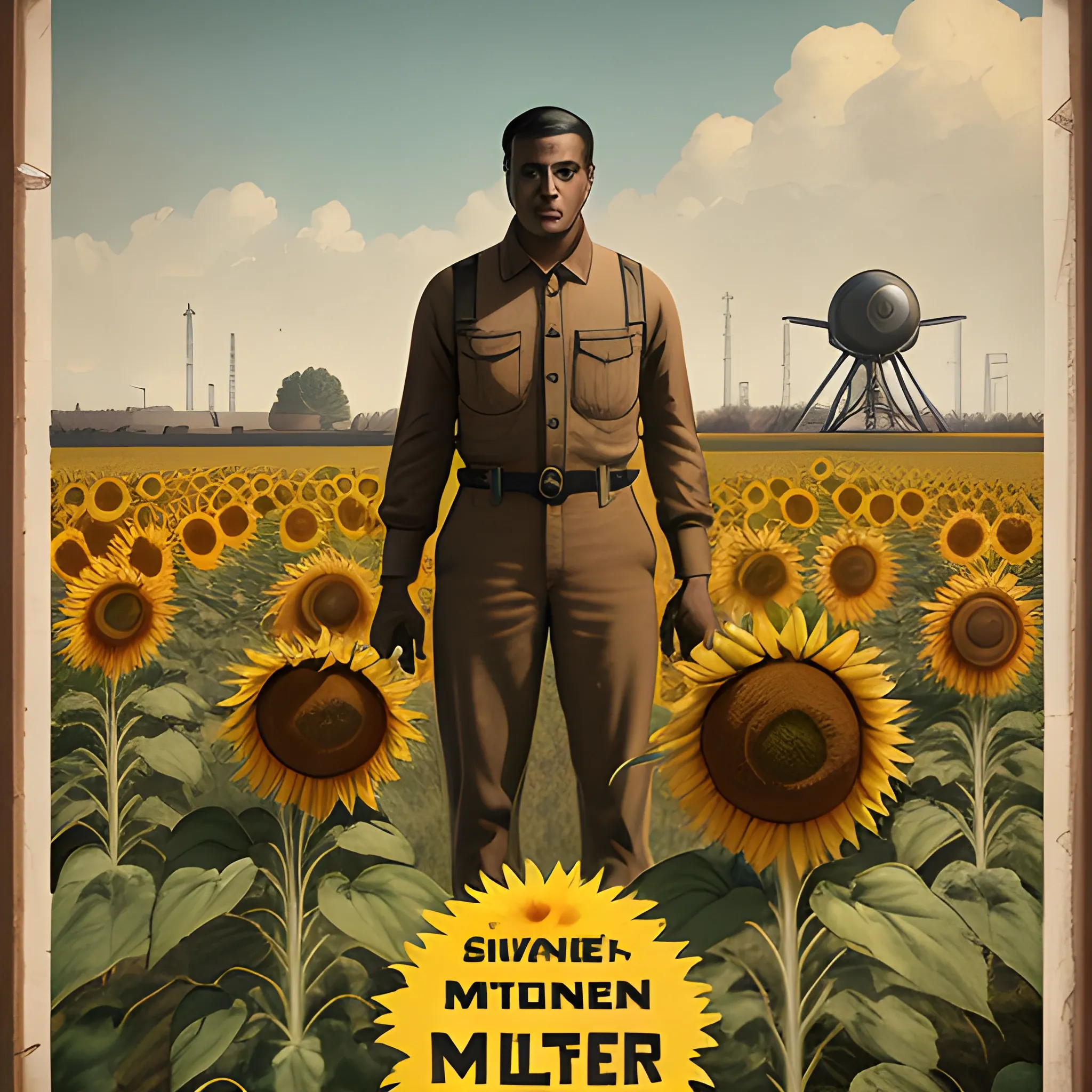 intage Medium Shot 1920's Poster, futuristic, a brown skin man in sunflower farm, 8k resolution, hyper-realistic, Futuristic, Simon Stalenhag,