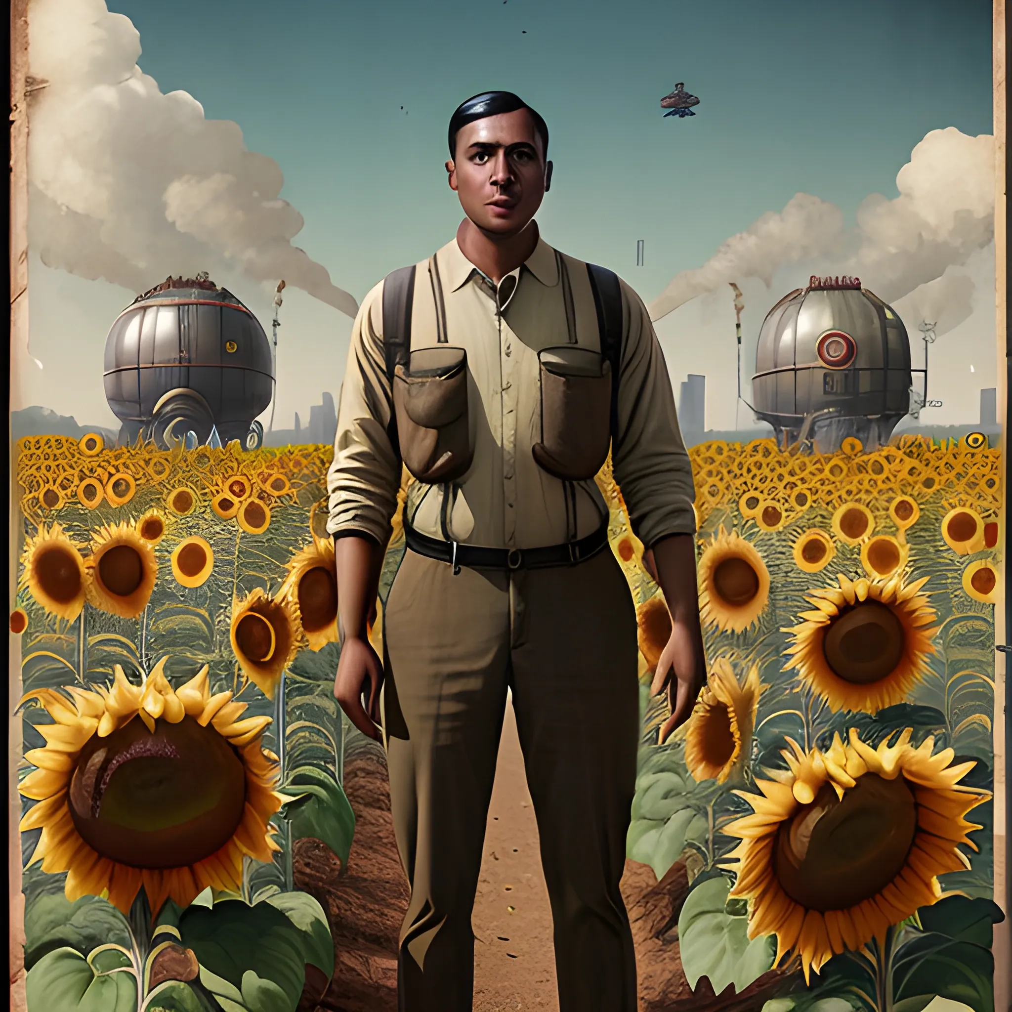 intage Medium Shot 1920's Poster, futuristic, a brown skin man in sunflower farm, hyper-realistic, Futuristic, Simon Stalenhag,