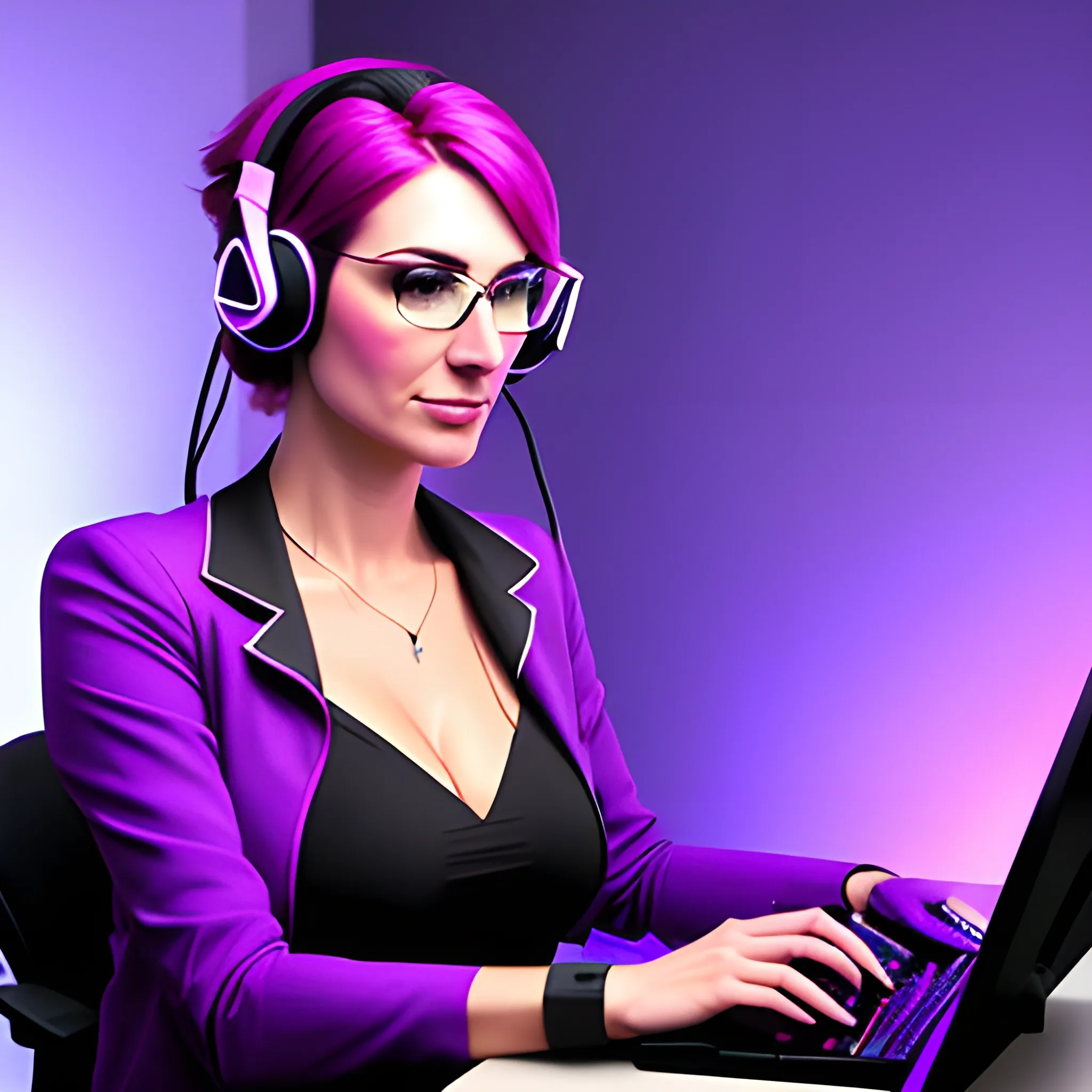 girl playing game at computer with headset and purple lights