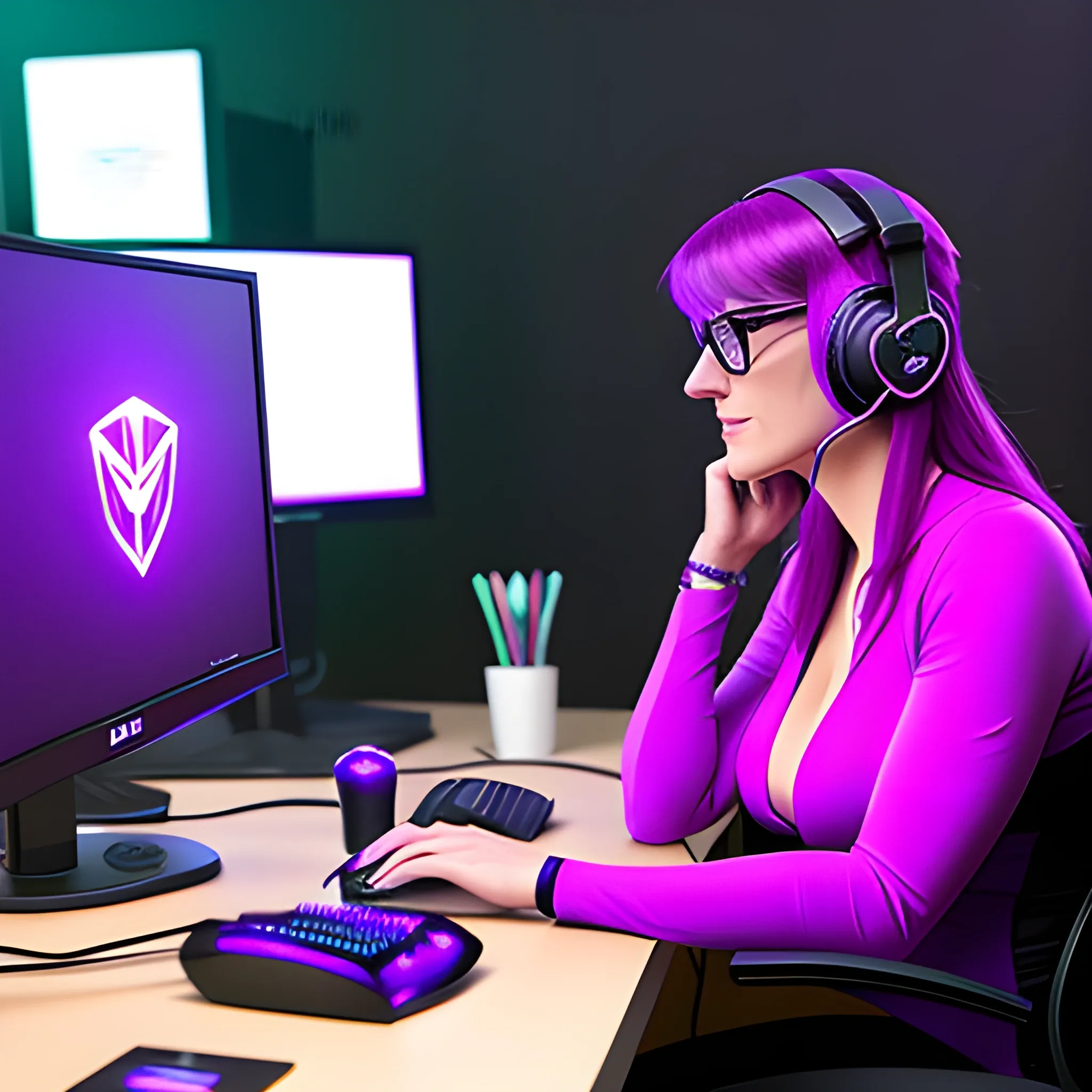 girl playing game at computer with headset and purple lights