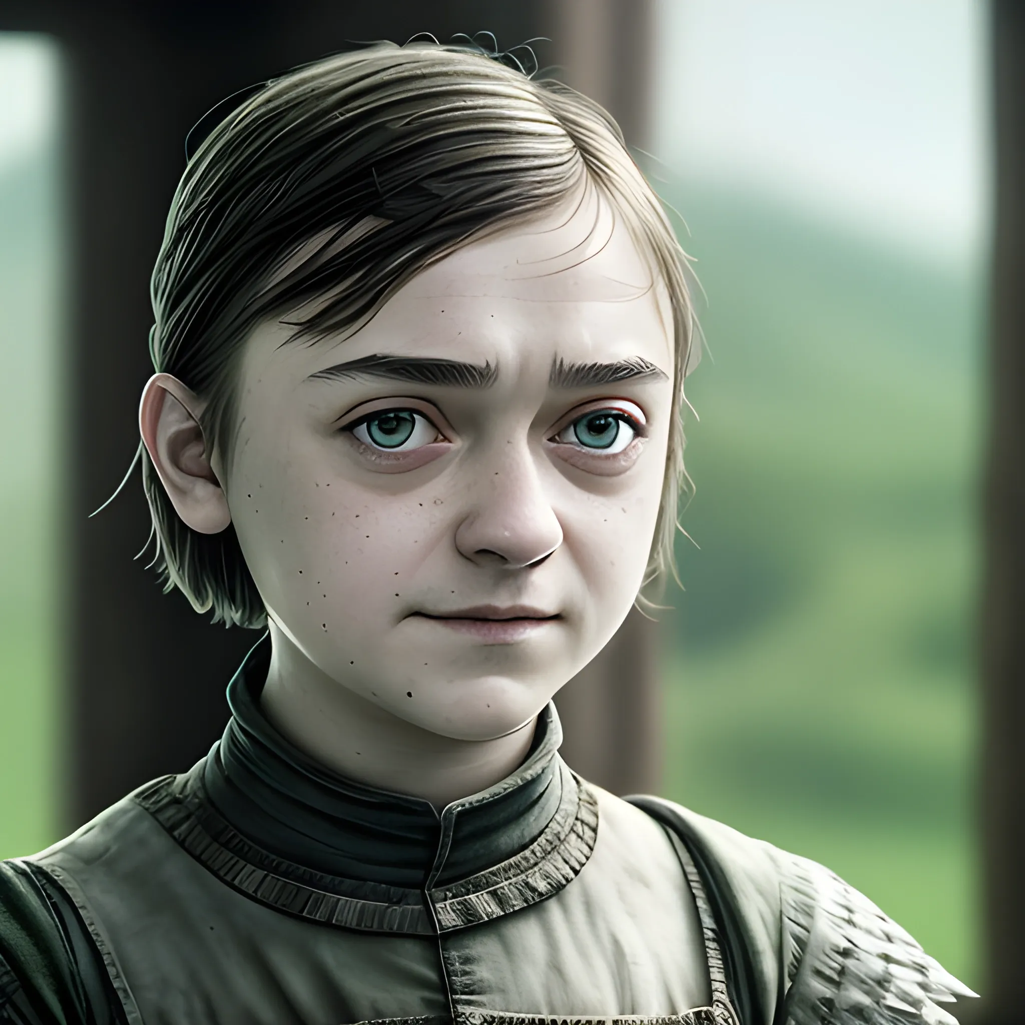 (masterpiece:1.2, best quality), (real picture, intricate details), Arya Stark , solo, upper body, casual, short hair, minimal makeup, natural fabrics, close-up face, smile, home, 