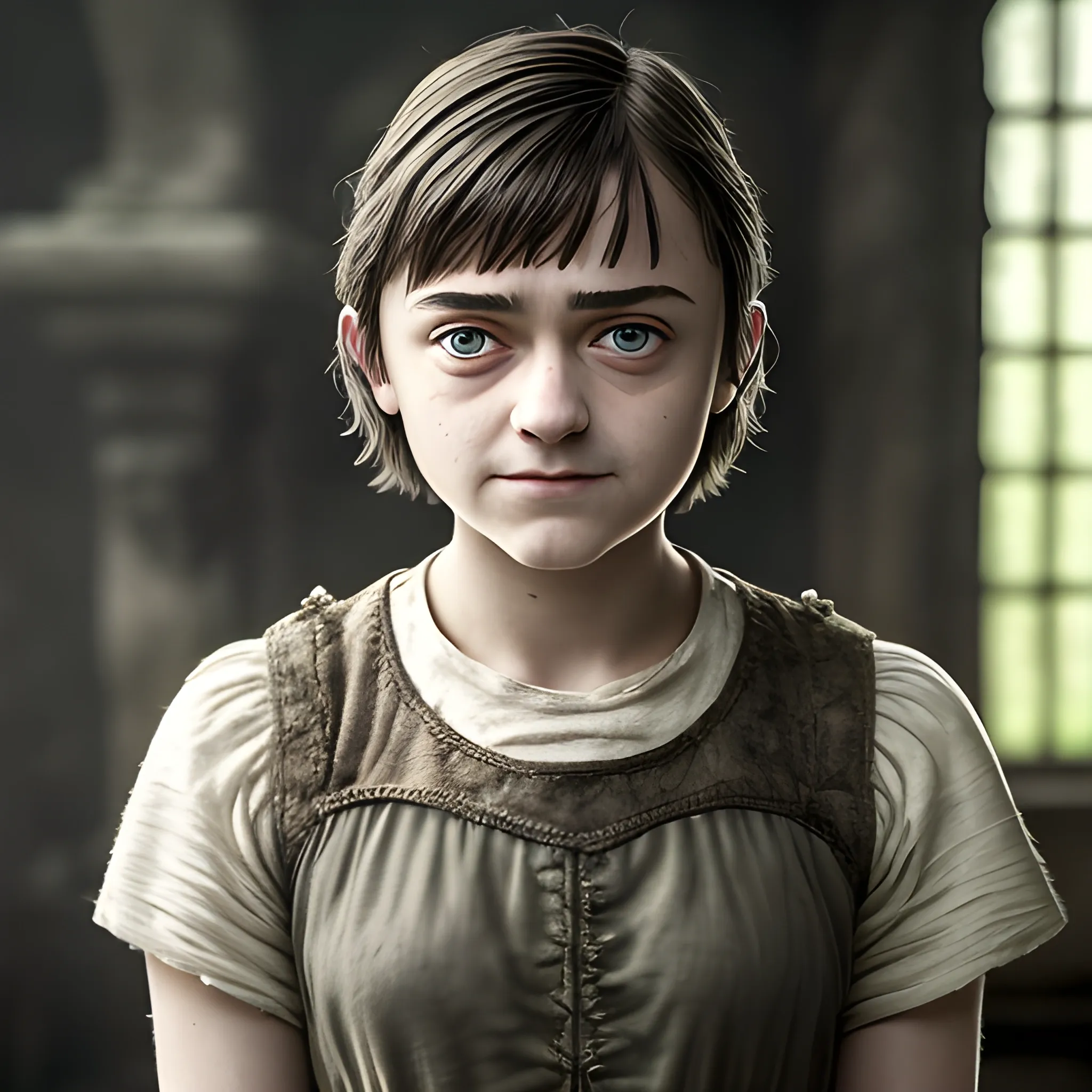 (masterpiece:1.2, best quality), (real picture, intricate details), Arya Stark , solo, upper body, casual, short hair, minimal makeup, natural fabrics, close-up face, smile, home, 