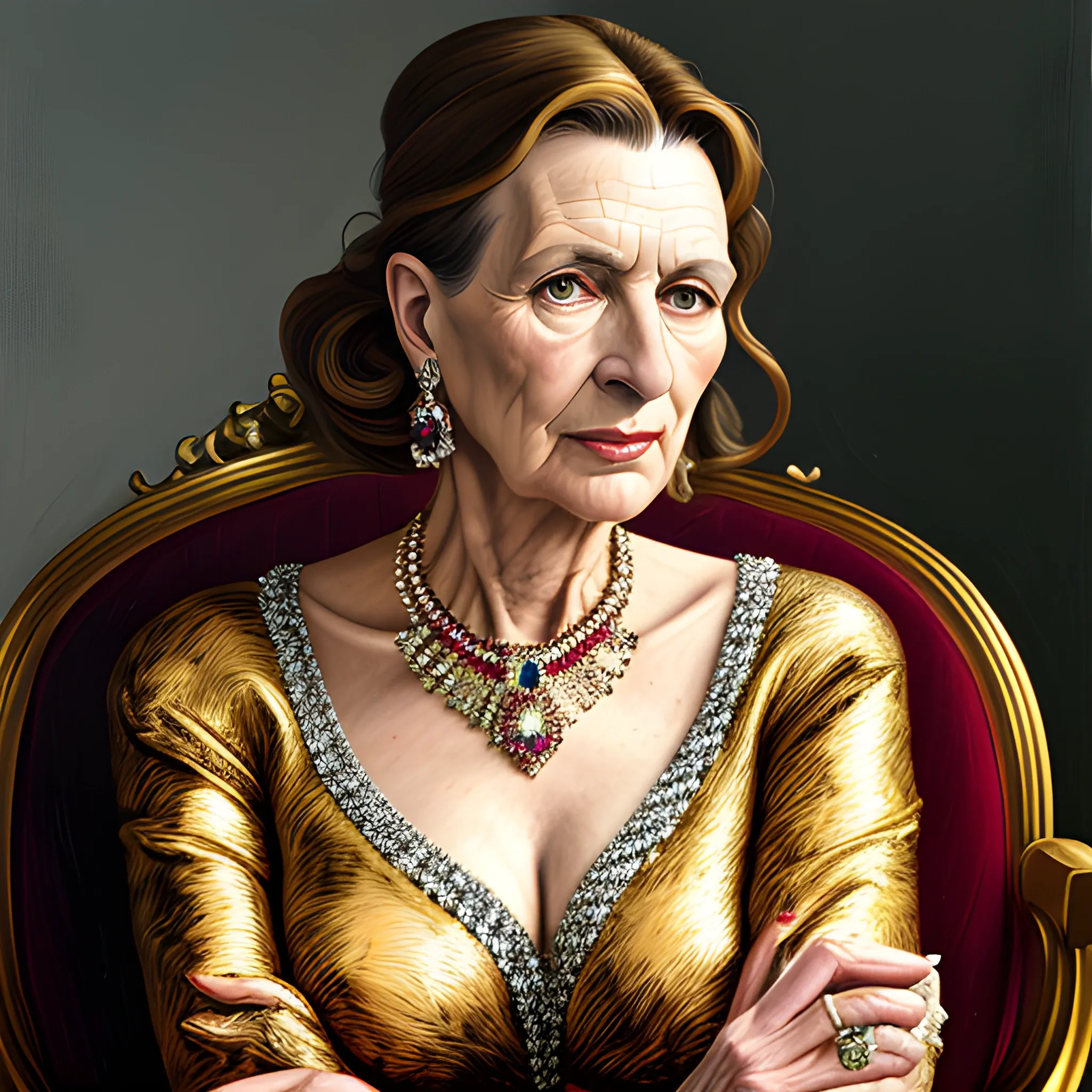 high-quality high detailed painting by Lucian Freud, hd, portrait of a young woman sitting on a chair, wearing designer jewellery, photorealistic lighting,