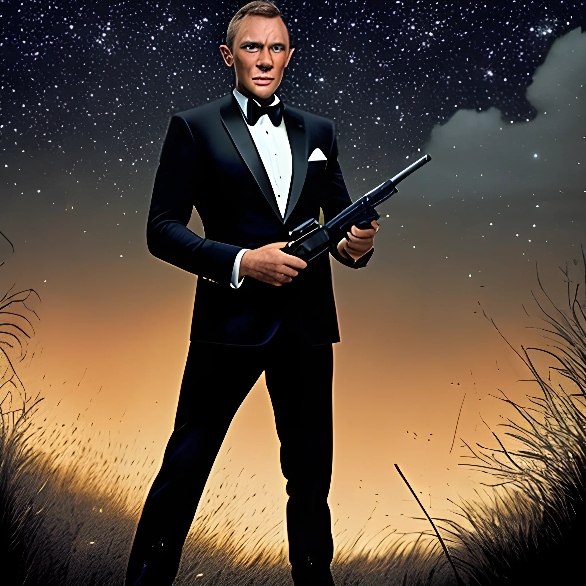 007 james bond posing with his gun, with a dark landscape behind with fireflies which are reflected in his body, Trippy