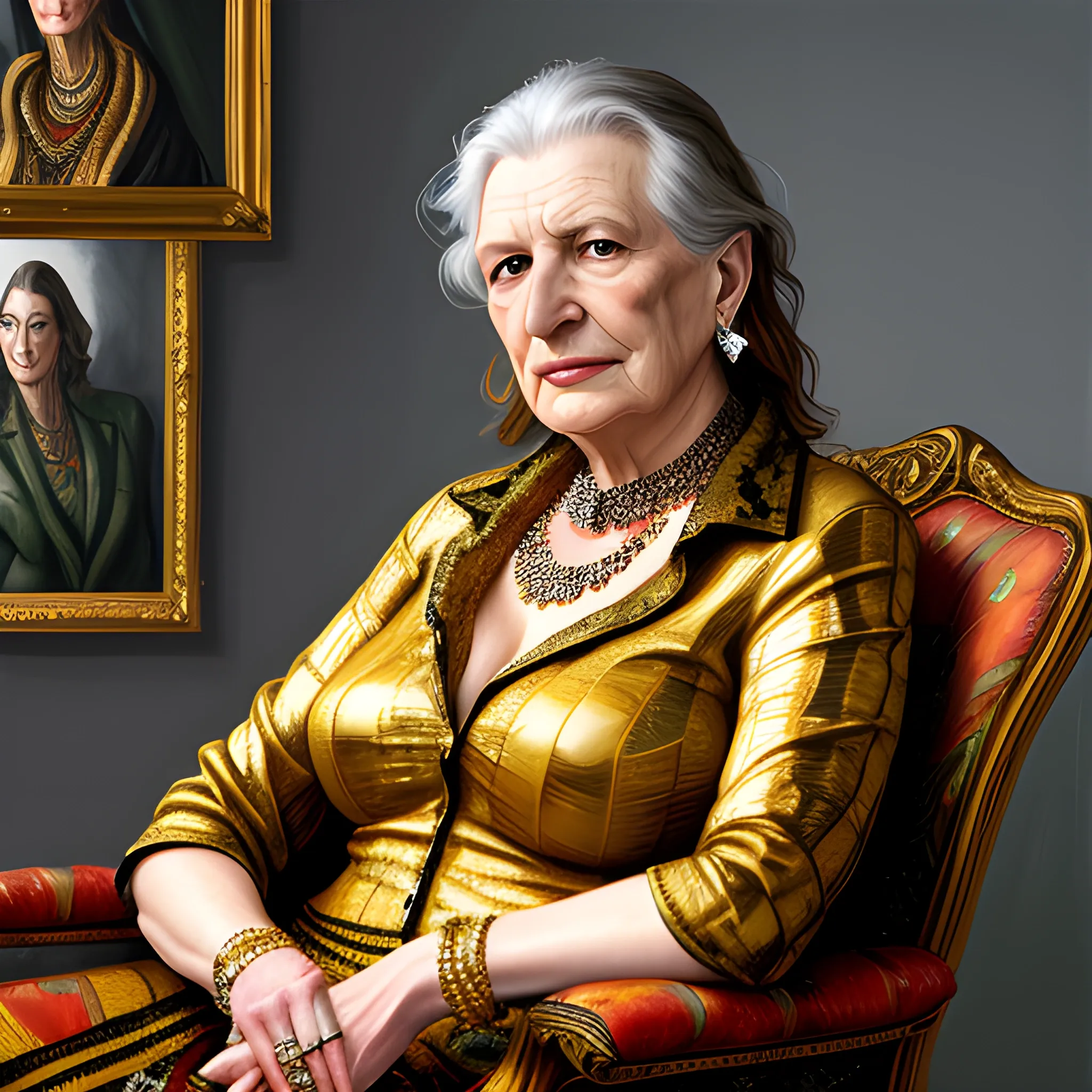 high-quality high detailed painting by Lucian Freud, hd, portrait of a young woman sitting on a chair, wearing designer jewellery, photorealistic lighting,