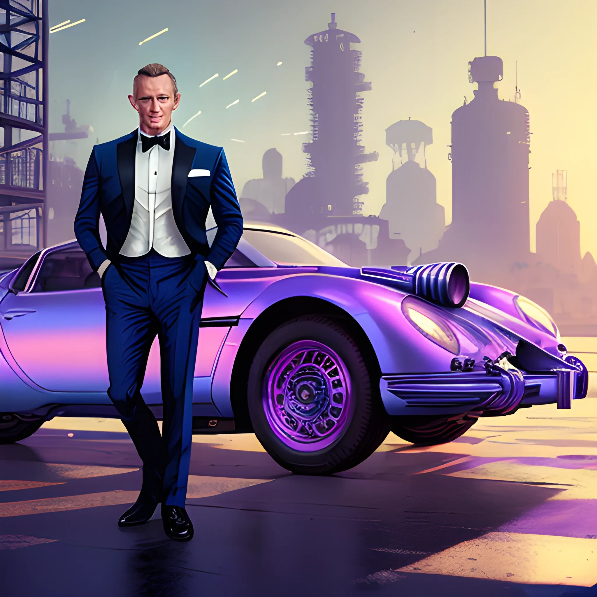 007 james bond, industrial background, by sandra chevrier and greg rutkowski and wlop, purple blue color scheme, vaporware, retro, outrun, high key lighting, volumetric light, digital art, highly detailed, fine details, intricate, ornate , complex, octane render, unreal engine, photorealistic, image measures 1920×1080