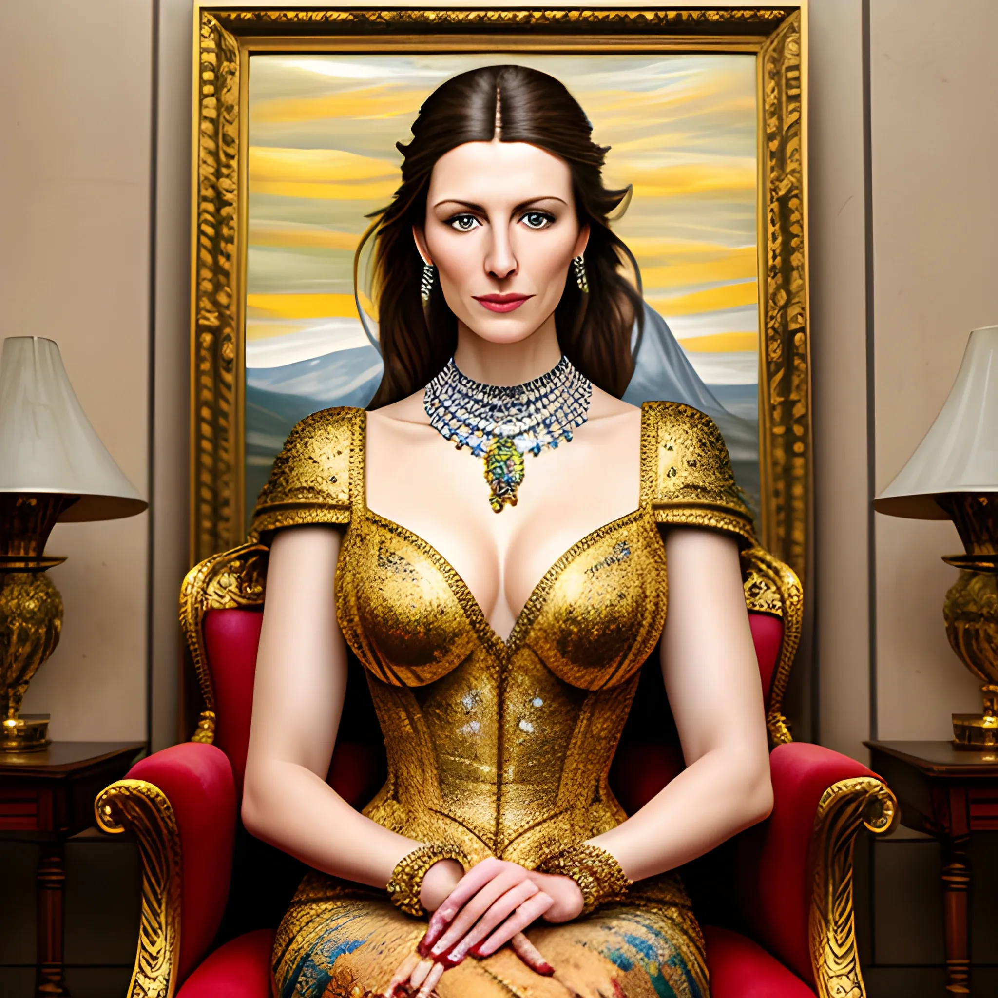 the most beautiful treasure within the castle's treasure room with a high-quality high detailed painting by Lucian Freud, hd, portrait of a young woman sitting on a chair, wearing designer jewellery, photorealistic lighting, a proud face, full body. oil on canvas.

