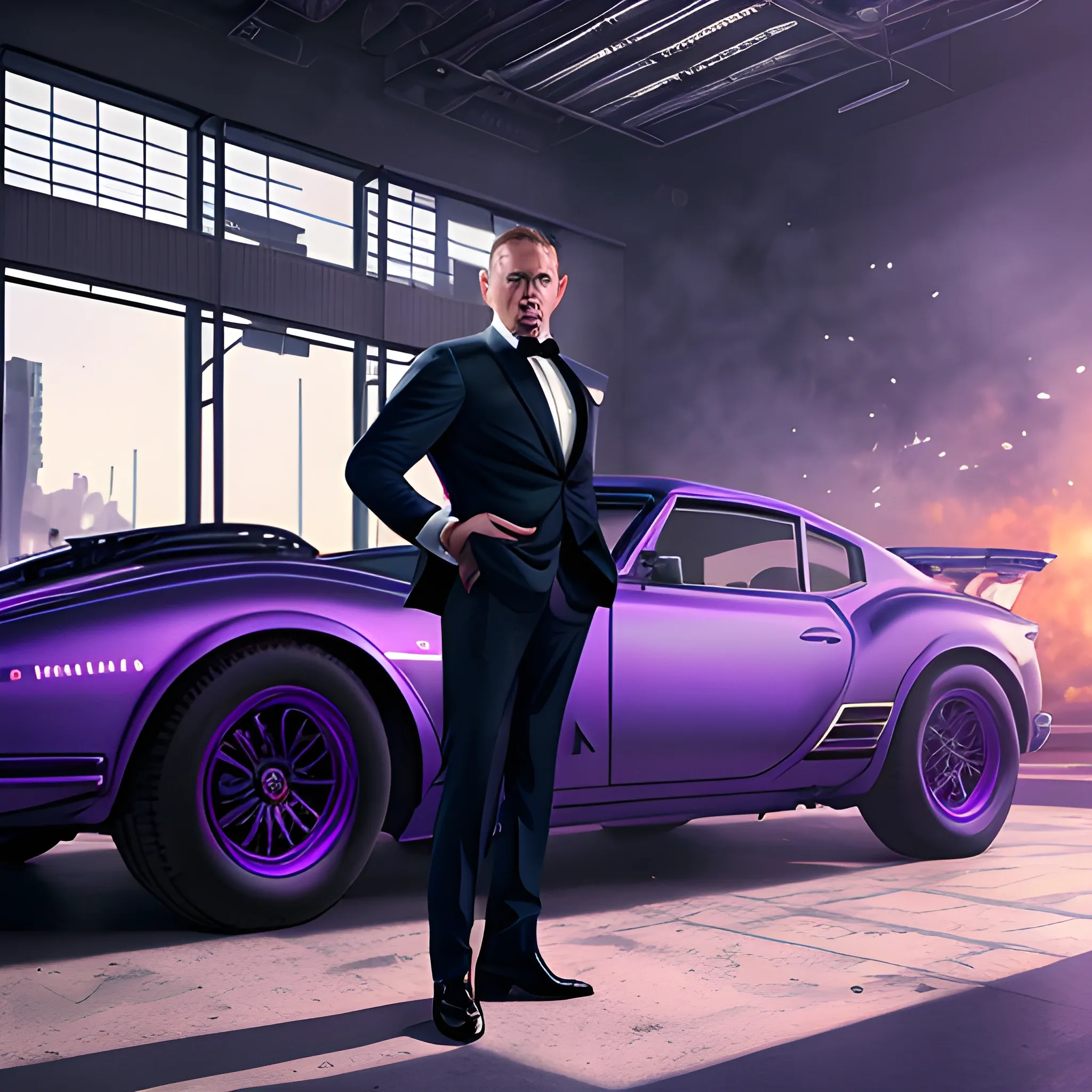 007 james bond, industrial background, by sandra chevrier and greg rutkowski and wlop, purple blue color scheme, vaporware, retro, outrun, high key lighting, volumetric light, digital art, highly detailed, fine details, intricate, ornate , complex, octane render, unreal engine, photorealistic, image measures 1920×1080