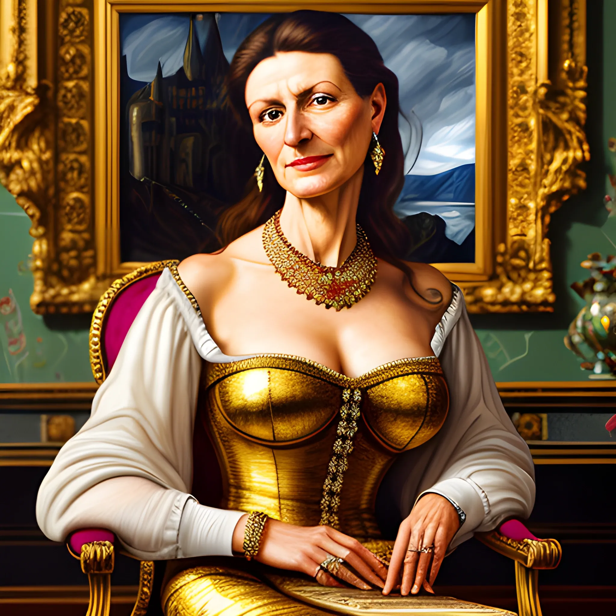 the most beautiful treasure within the castle's treasure room with a high-quality highly detailed painting by Lucian Freud, hd, a portrait of a young woman sitting on a chair, wearing designer jewellery, photorealistic lighting, a proud face, full body, oil on canvas.

