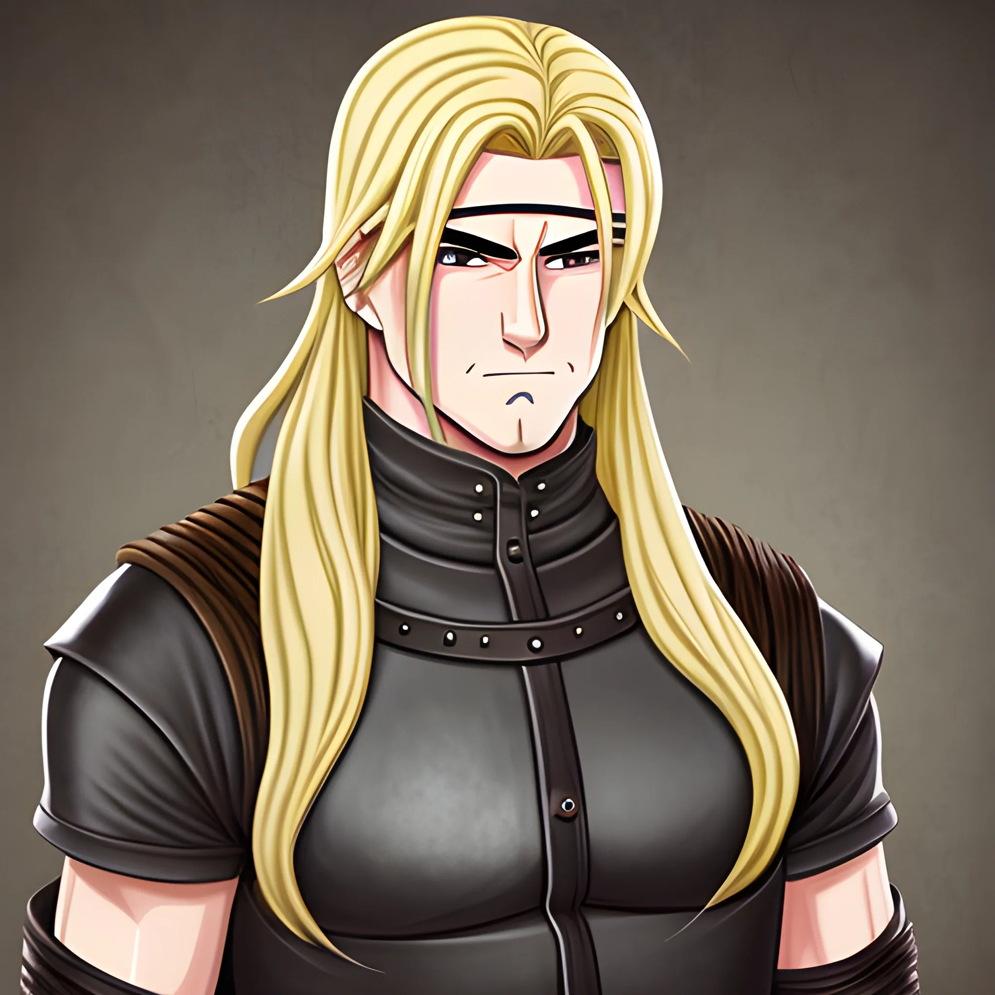 anime long hair leather clothed medieval, blacksmith, face portrait, cartoony, male, blonde, Cartoon, sleeveless