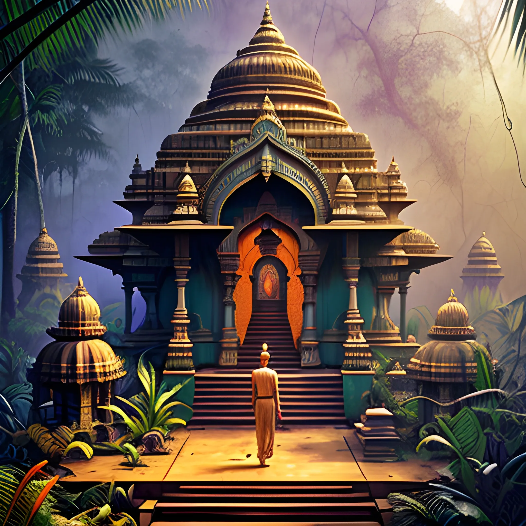 8 k concept art from a hindu temple lost in the jungle by david mattingly and samuel araya and michael whelan and dave mckean and richard corben. realistic matte painting with photorealistic hdr volumetric lighting. composition and layout inspired by gregory crewdson., 3D