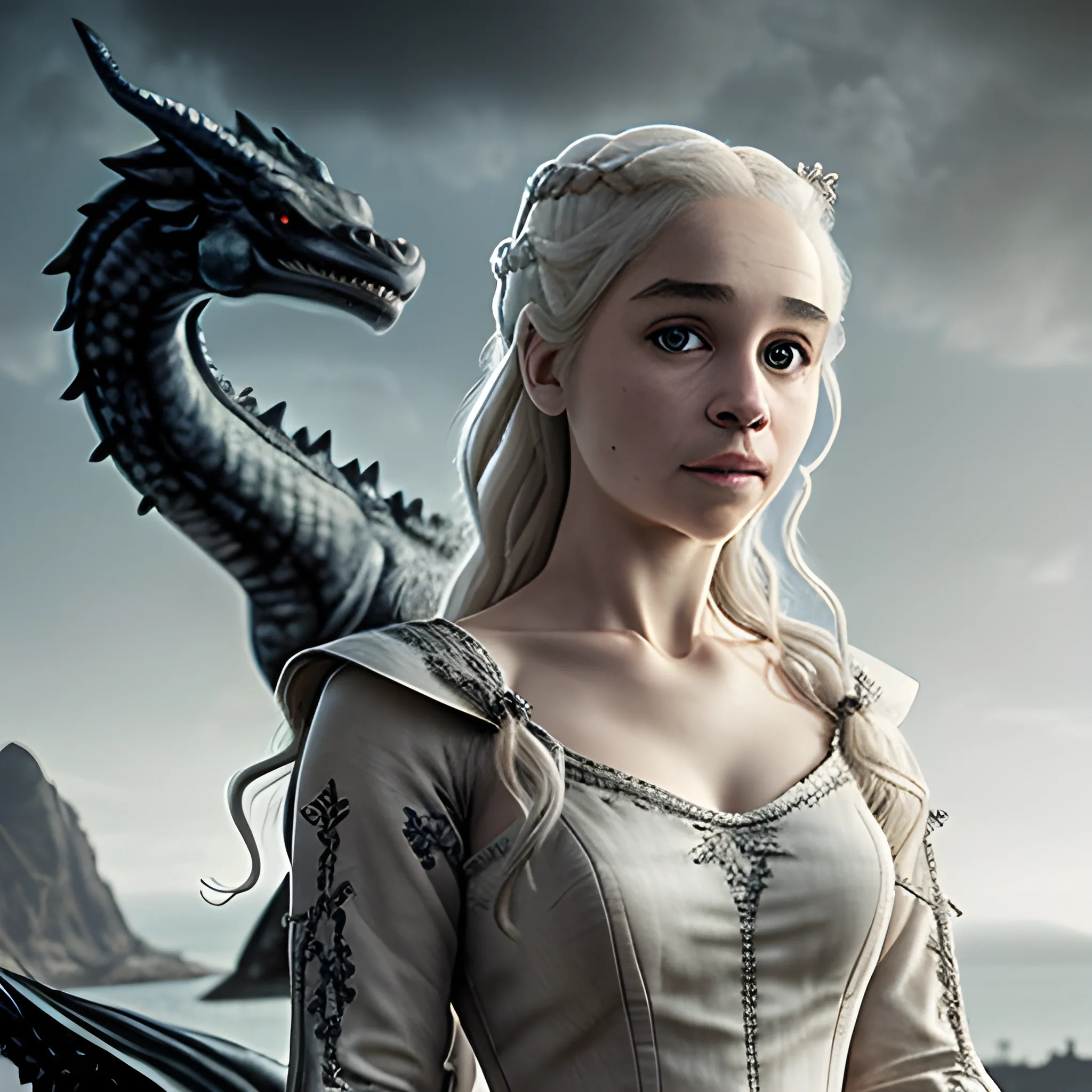 (masterpiece:1.2, best quality), (real picture, intricate details), Daenerys , solo, upper body, casual, light long hair, minimal makeup, natural fabrics, close-up face, smile, home, background dragons in the sky