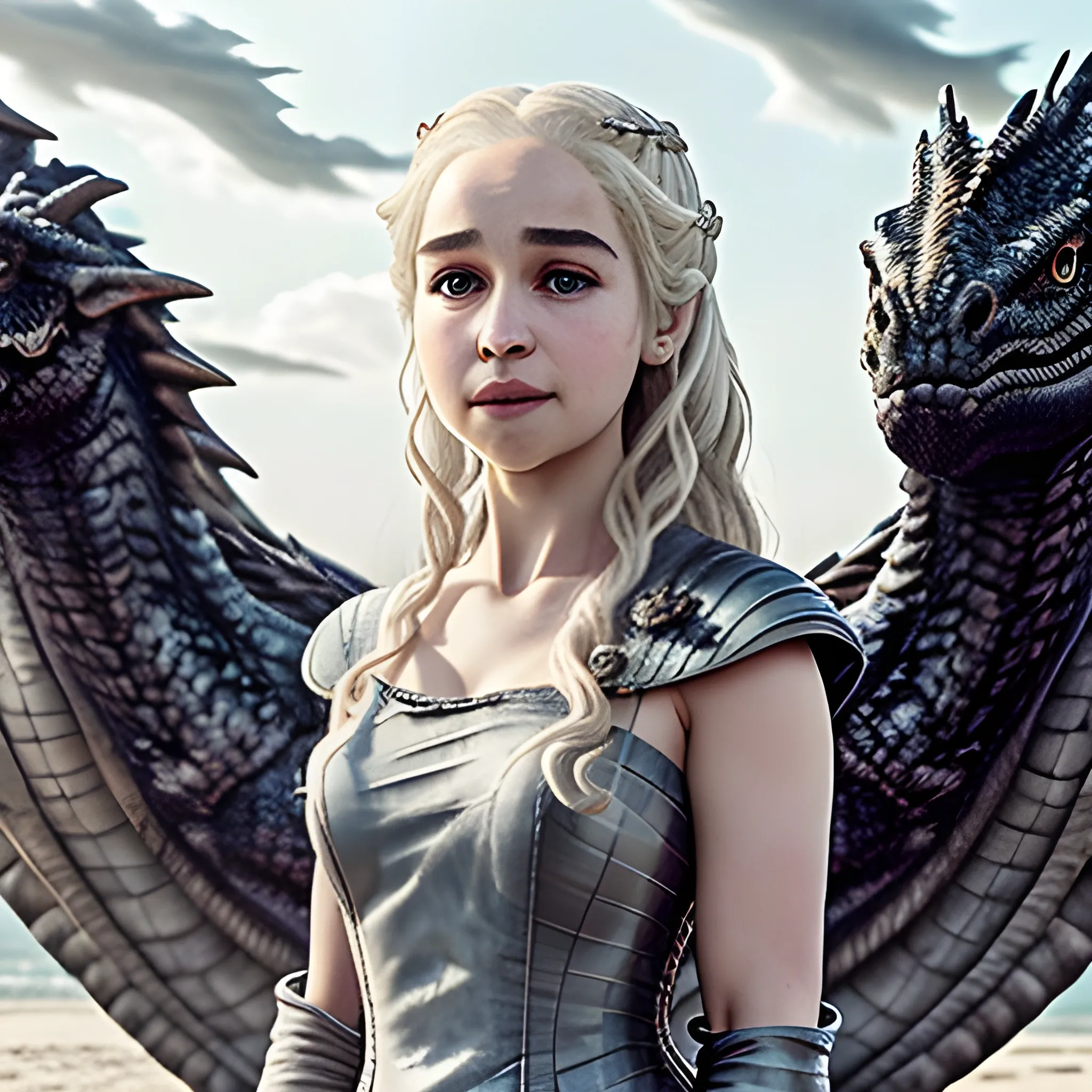 (masterpiece:1.2, best quality), (real picture, intricate details), Daenerys , solo, upper body, casual, light long hair, minimal makeup, natural fabrics, close-up face, smile, home, three background dragons Flying in the sky
