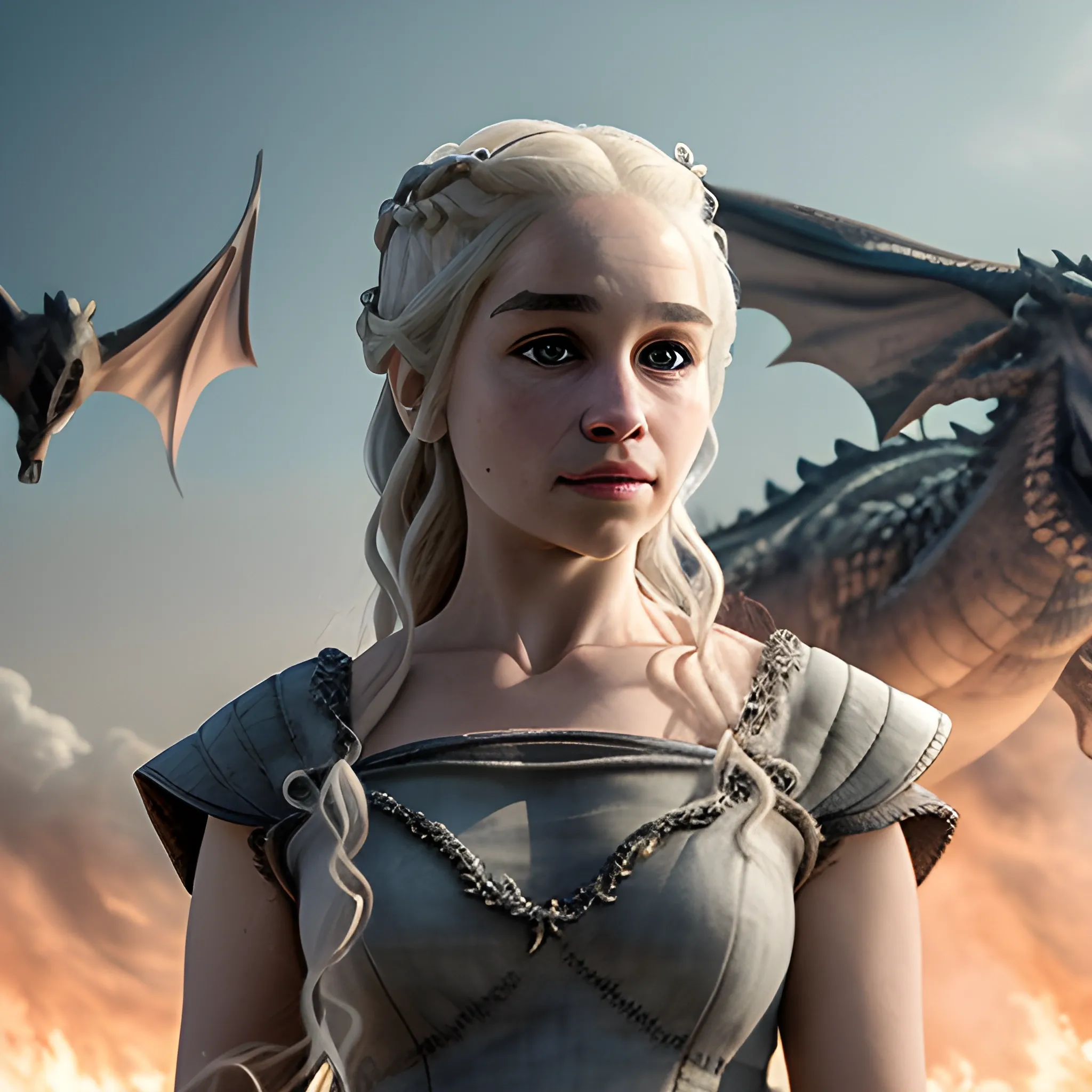 (masterpiece:1.2, best quality), (real picture, intricate details), Daenerys , solo, upper body, casual, light long hair, minimal makeup, natural fabrics, close-up face, smile, home, three dragons Flying in the sky, kingslanding burning behind