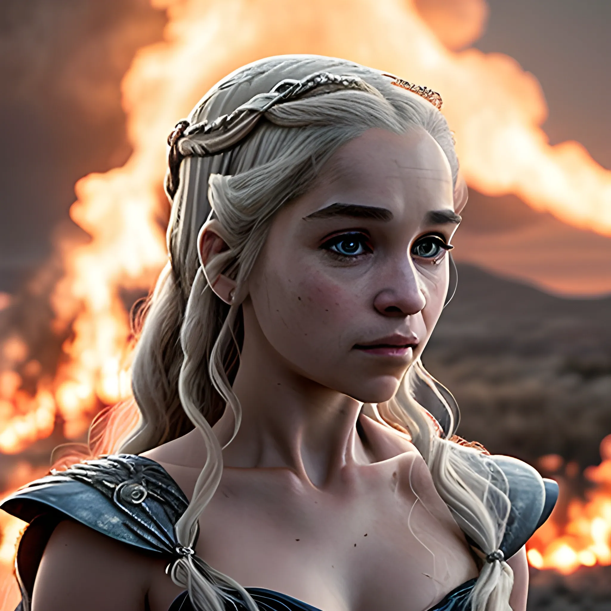 (masterpiece:1.2, best quality), (real picture, intricate details), Daenerys , solo, upper body,  light long hair, minimal makeup, natural fabrics, close-up face, evil smile, three dragons Flying in the sky, kingslanding burning behind, 