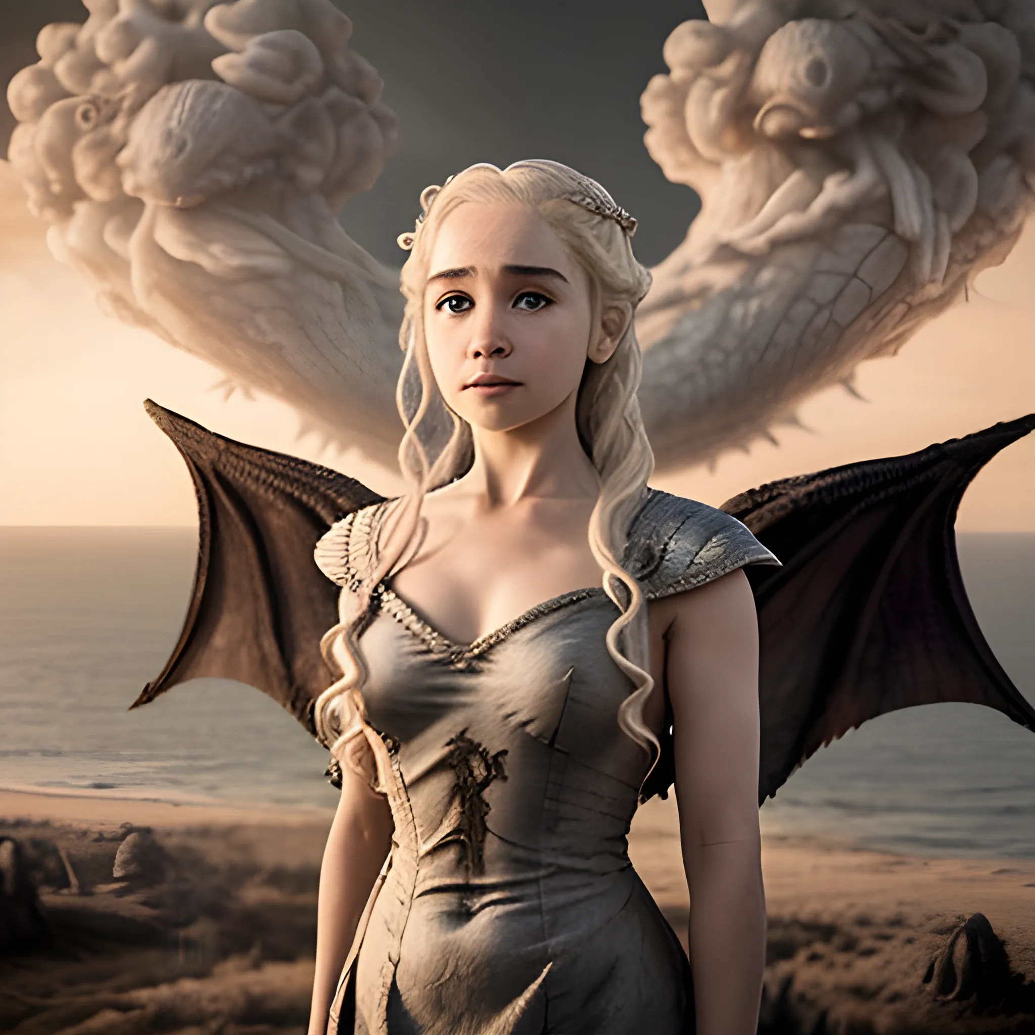 (masterpiece:1.2, best quality), (real picture, intricate details), Daenerys , solo, upper body,  light long hair, minimal makeup, natural fabrics,  evil smile, three dragons Flying in the sky, kingslanding burning behind, 