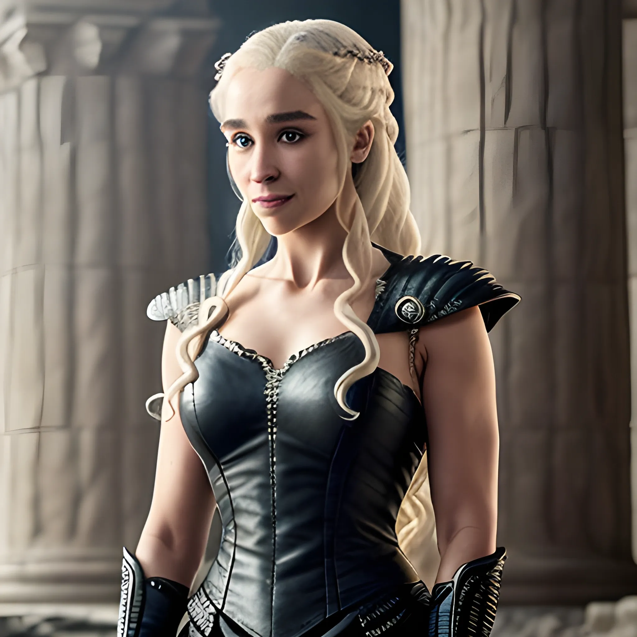 (masterpiece:1.2, best quality), (real picture, intricate details), Daenerys , solo, upper body,  light long hair, minimal makeup, natural fabrics,  evil smile, kingslanding burning behind, black clothes, small dress
