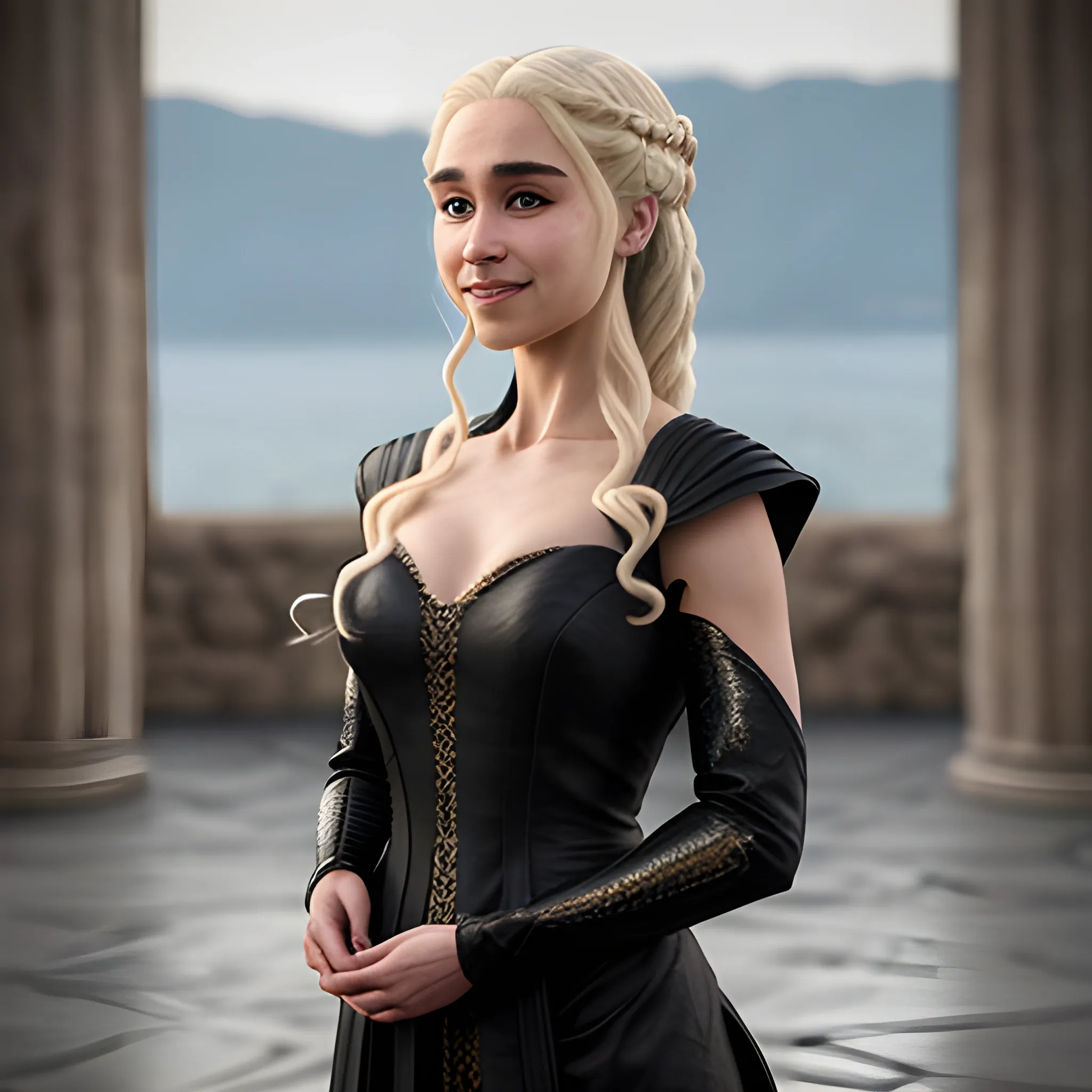 (masterpiece:1.2, best quality), (real picture, intricate details), Daenerys , solo, upper body,  light long hair, minimal makeup, natural fabrics, smile, kingslanding burning behind, black clothes, small dress, pose relajada 