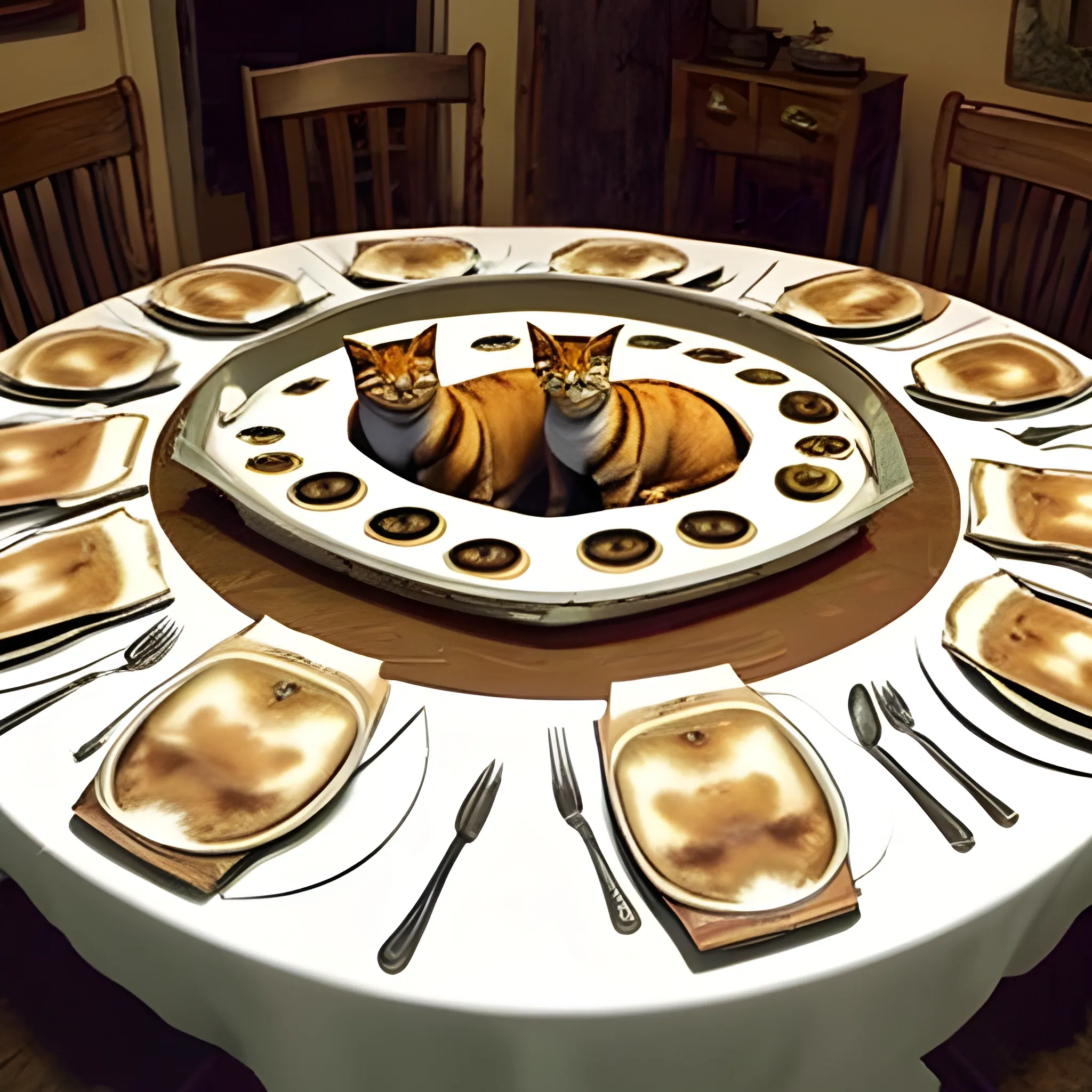 An table full cats and eyea