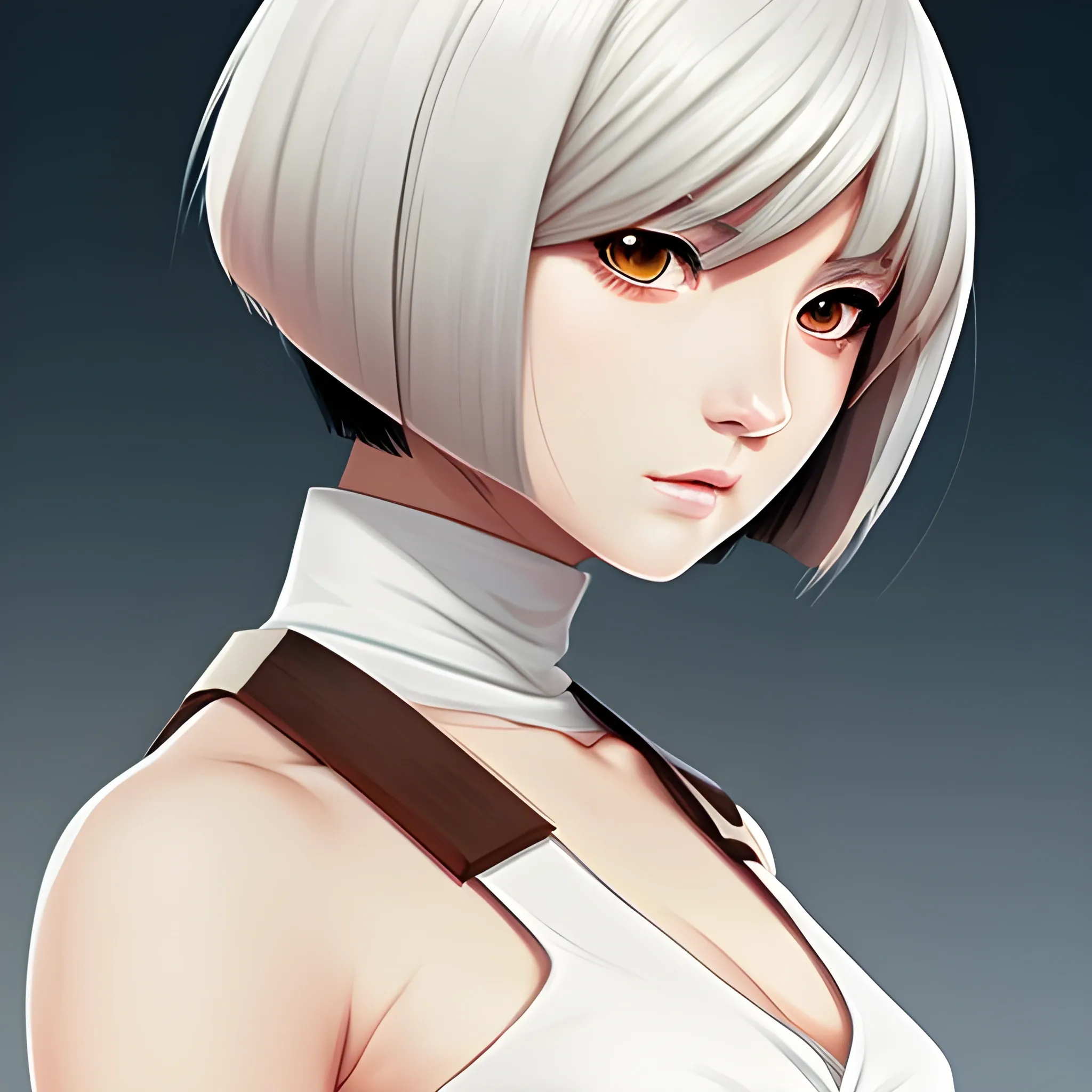 Woman, white clothes with brown borders, warrior, anime, detail, bob cut hair, half body, anime style
