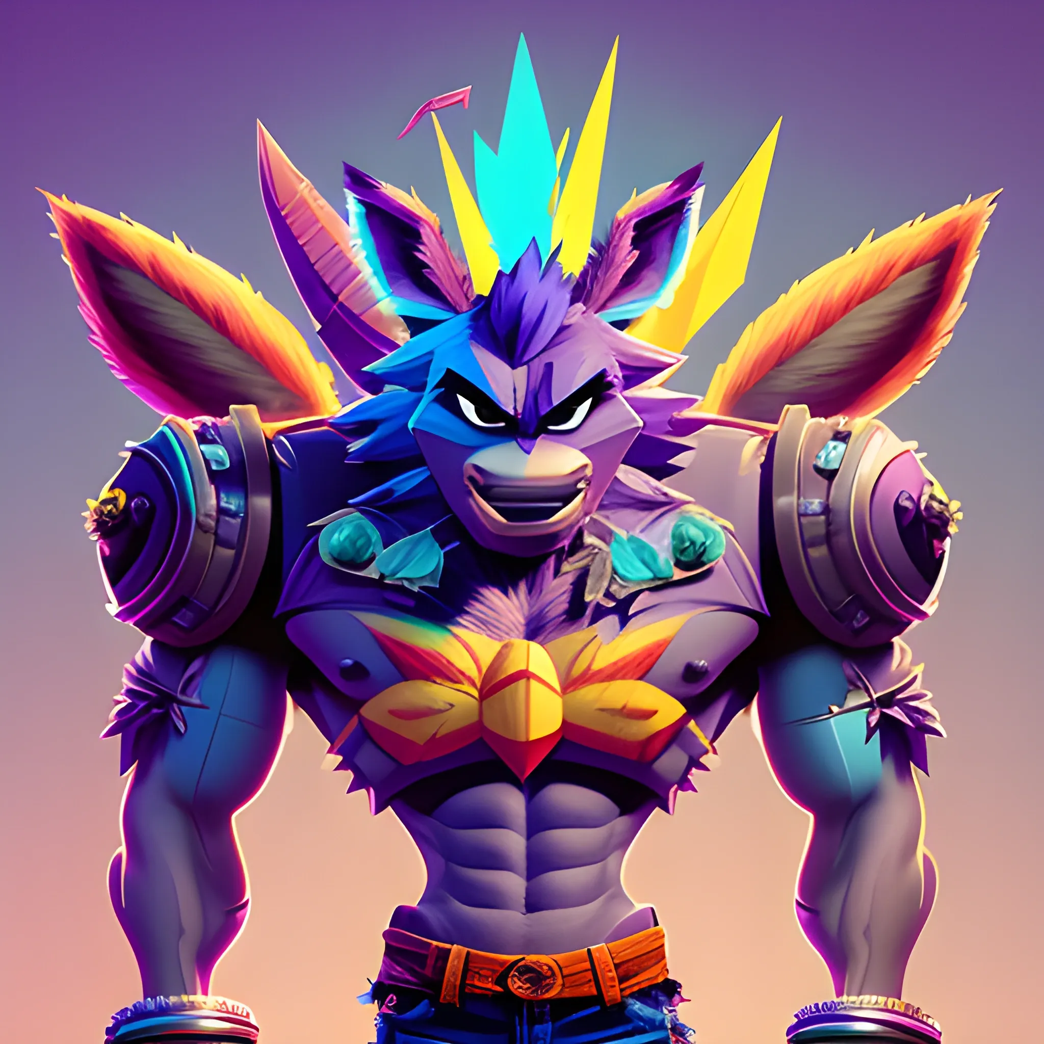 crash bandicoot,by sandra chevrier and greg rutkowski and wlop, purple blue color scheme, vaporware, retro, outrun, high key lighting, volumetric light, digital art, highly detailed, fine details, intricate, ornate, complex, octane render, unreal engine, 