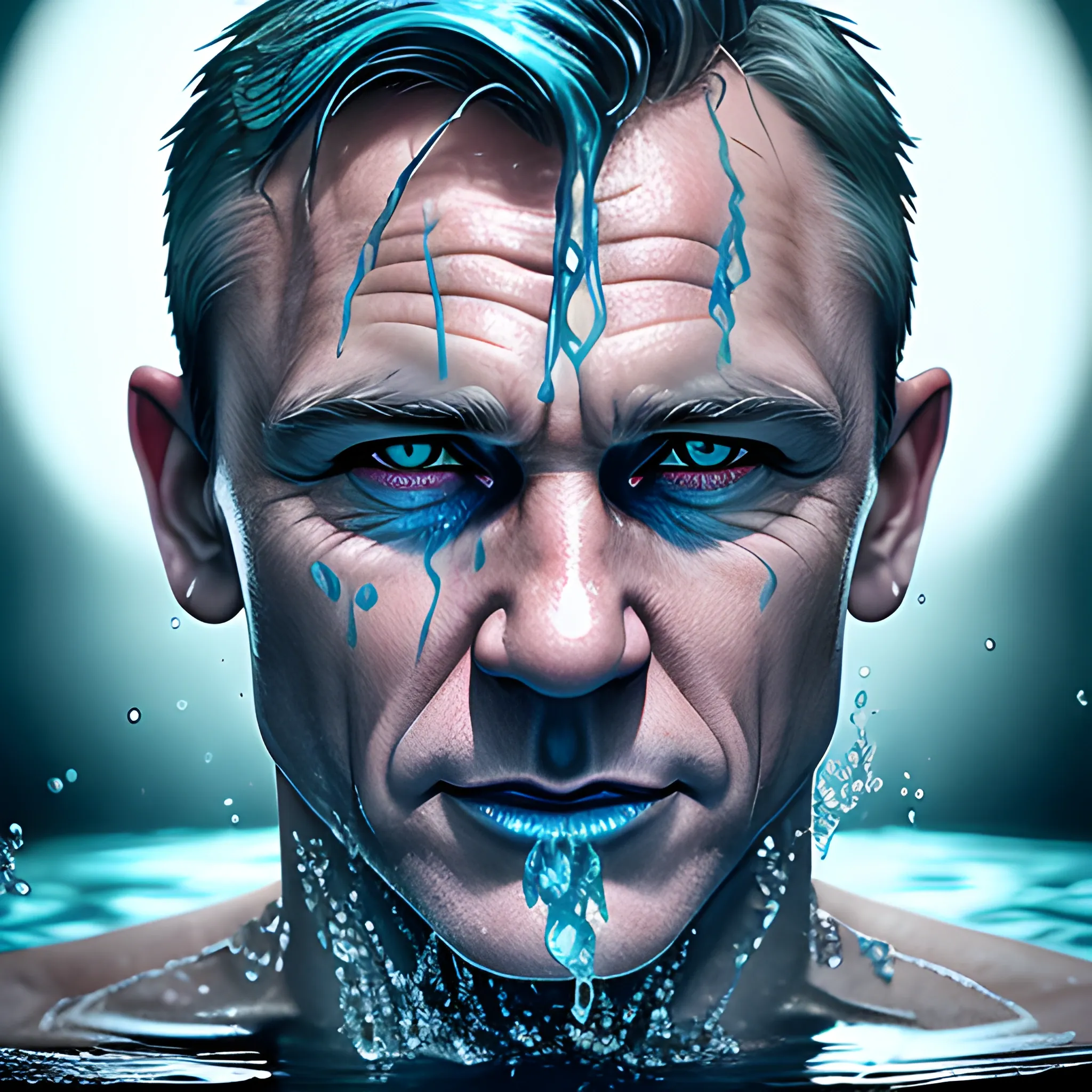 photorealistic image of james bond drenched in water, full body, ominous smile, dim lighting, blue dyed wet hair, wet makeup, shadowy evil, bokeh lighting