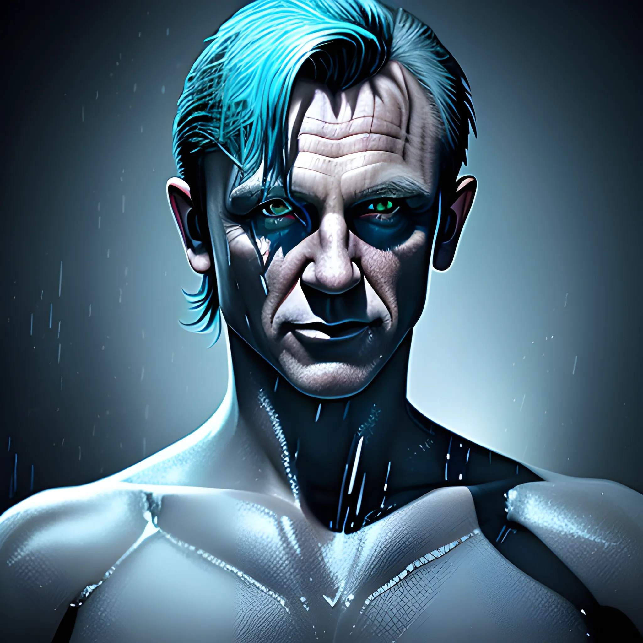 james bond 007 photorealistic image, full body, ominous smile, subdued lighting, blue dyed wet hair, wet makeup, shadowy evil, bokeh lighting