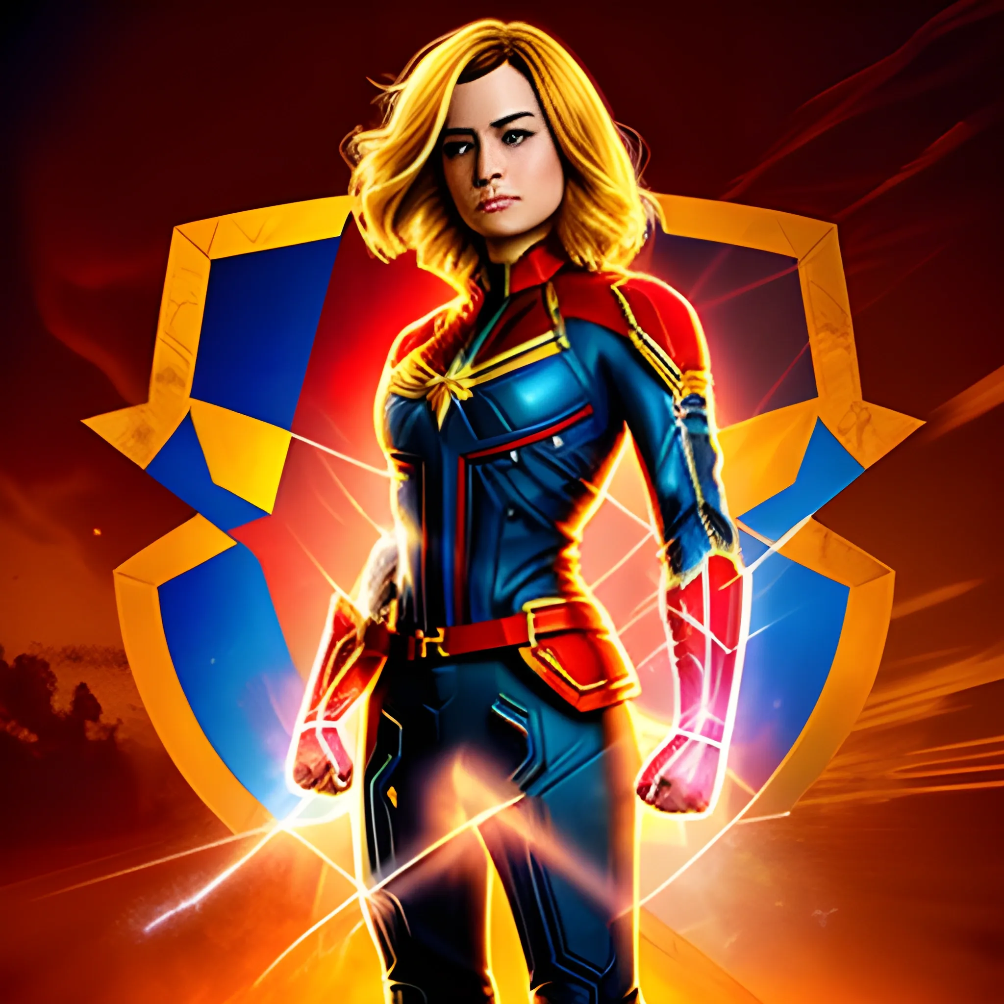 captain marvel holding the shield of captain america shield, war background, warm colours, dawn time