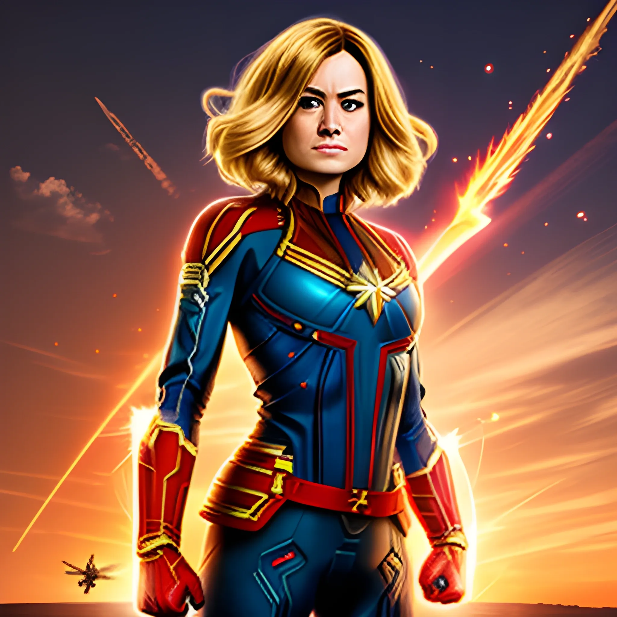 captain marvel holding the shield of captain america shield, war background, warm colours, dawn time, hyper realistic