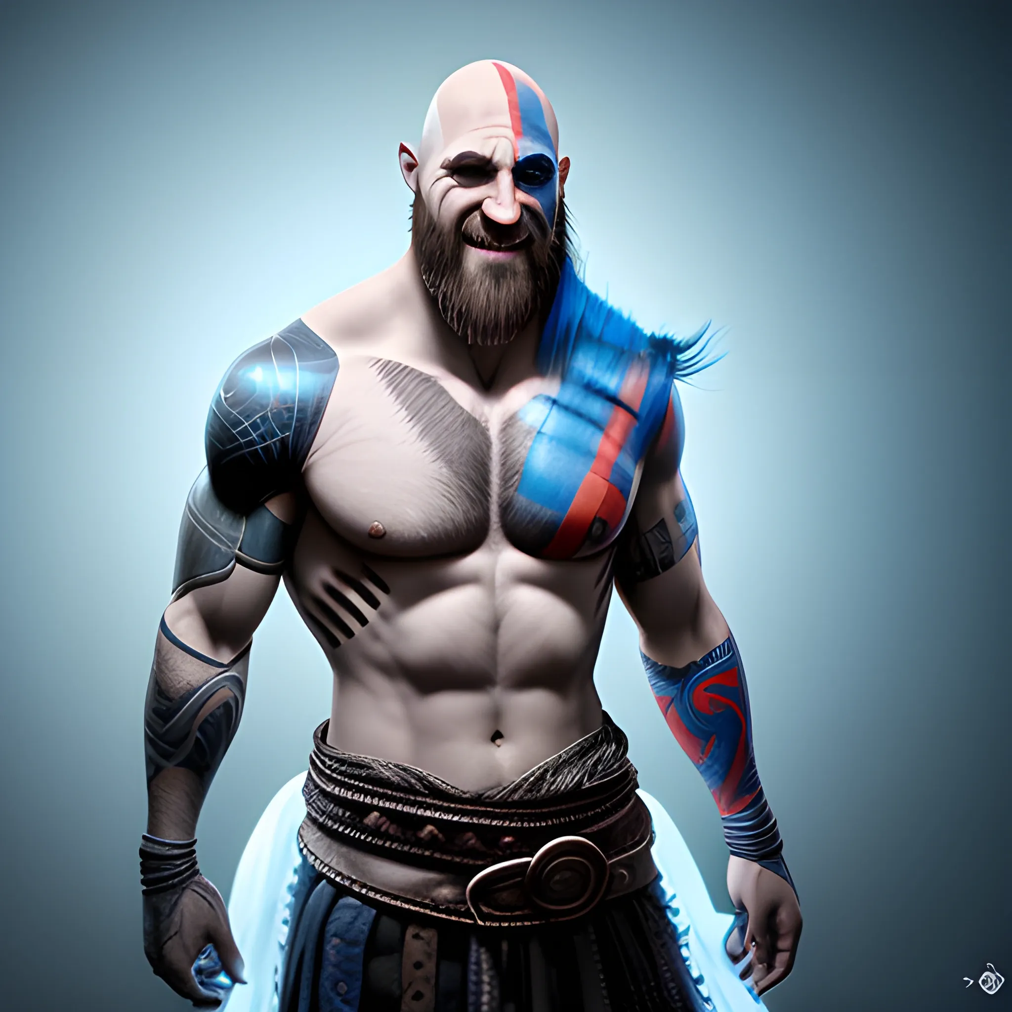 imagen fotorrealista de kratos, cuerpo completo, sonrisa ominosa 