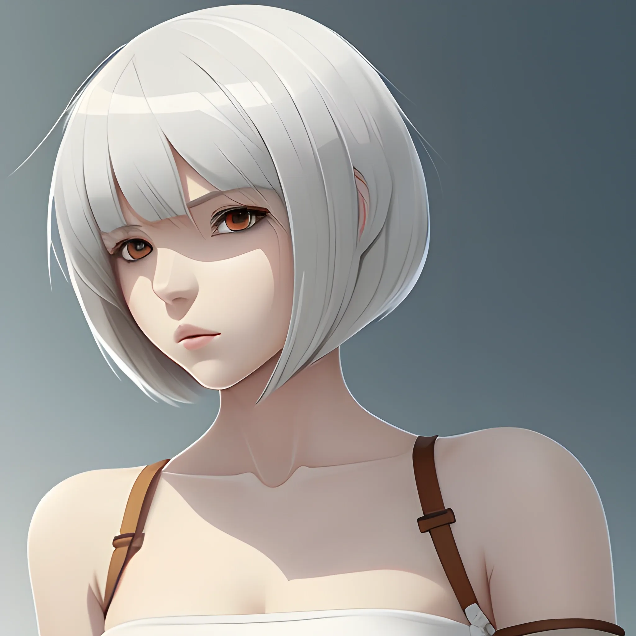 Woman, white clothes with brown borders, warrior, anime, detail, bob cut hair, half body, anime style