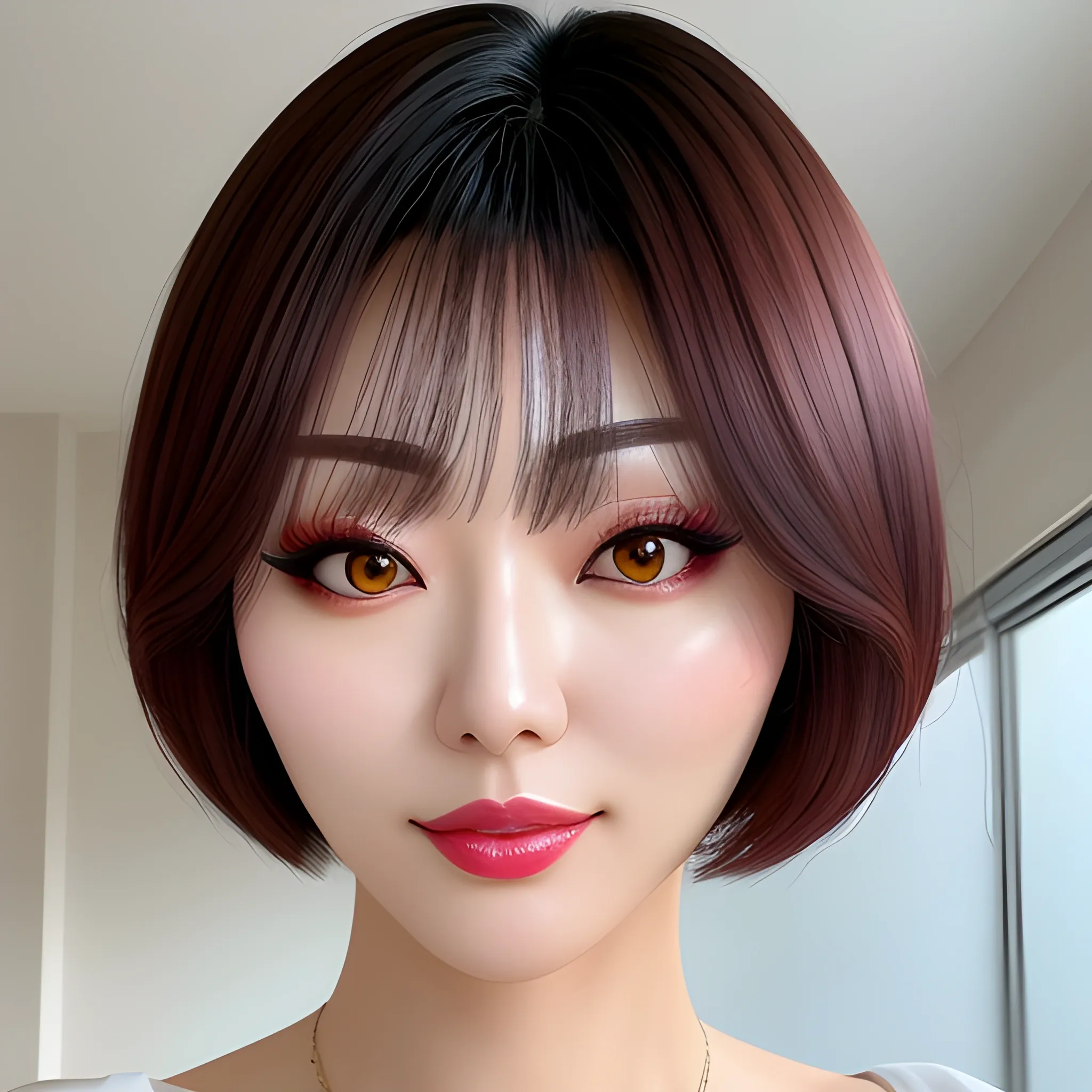 best quality, ultra hi res, photo reaslistic, a photography of a beautiful girl, (detailed face)0.3, (ulzzang-6500)0.2, 15yo, Japanese idol (Japanese actress),  short hair, full body shot from front,  bright bed room, looking at viewer,slant eyes,small face,tan,chilloutmix,