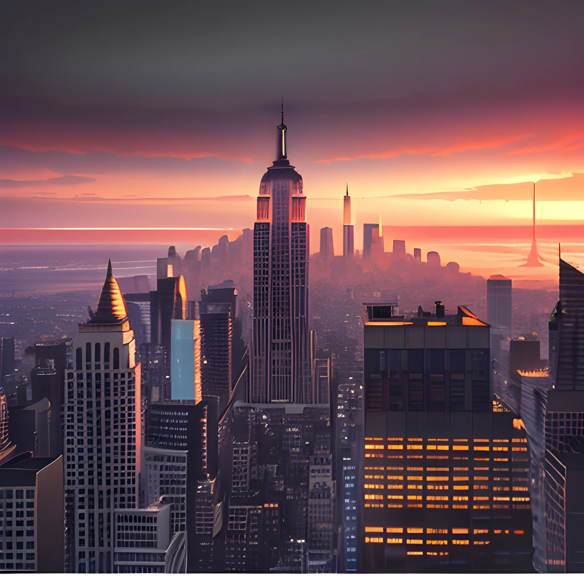 hyperrealistic shot of Ghost-Spider on top of the empire state building, blast and war background, warm and cyberpunk colours, dawn time, depth of field, particles, light smoke