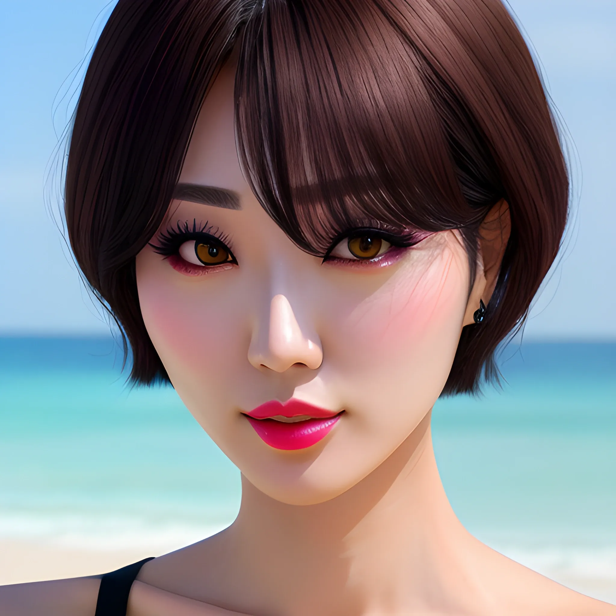 best quality, ultra hi res, photo reaslistic, a photography of a beautiful girl, (detailed face)0.3, (ulzzang-6500)0.2, ((15yo)), Japanese idol (Japanese actress),  short hair, ((full  shot from front)), on the beach, looking at viewer,slant eyes,no eye make,small face,brown skin,chilloutmix,