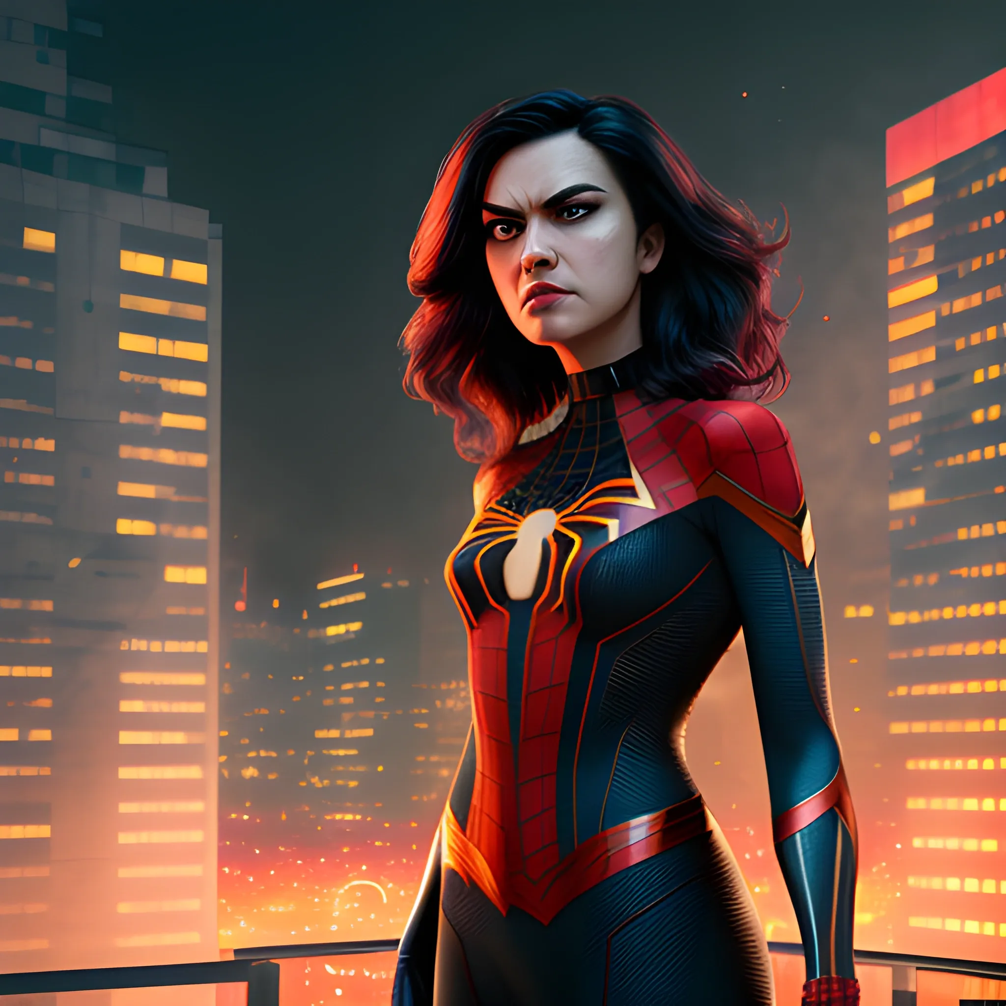 hyperrealistic shot of Spider-woman without mask on top of the  building, blast and war background, warm and cyberpunk colours, dawn time, depth of field, particles, light smoke