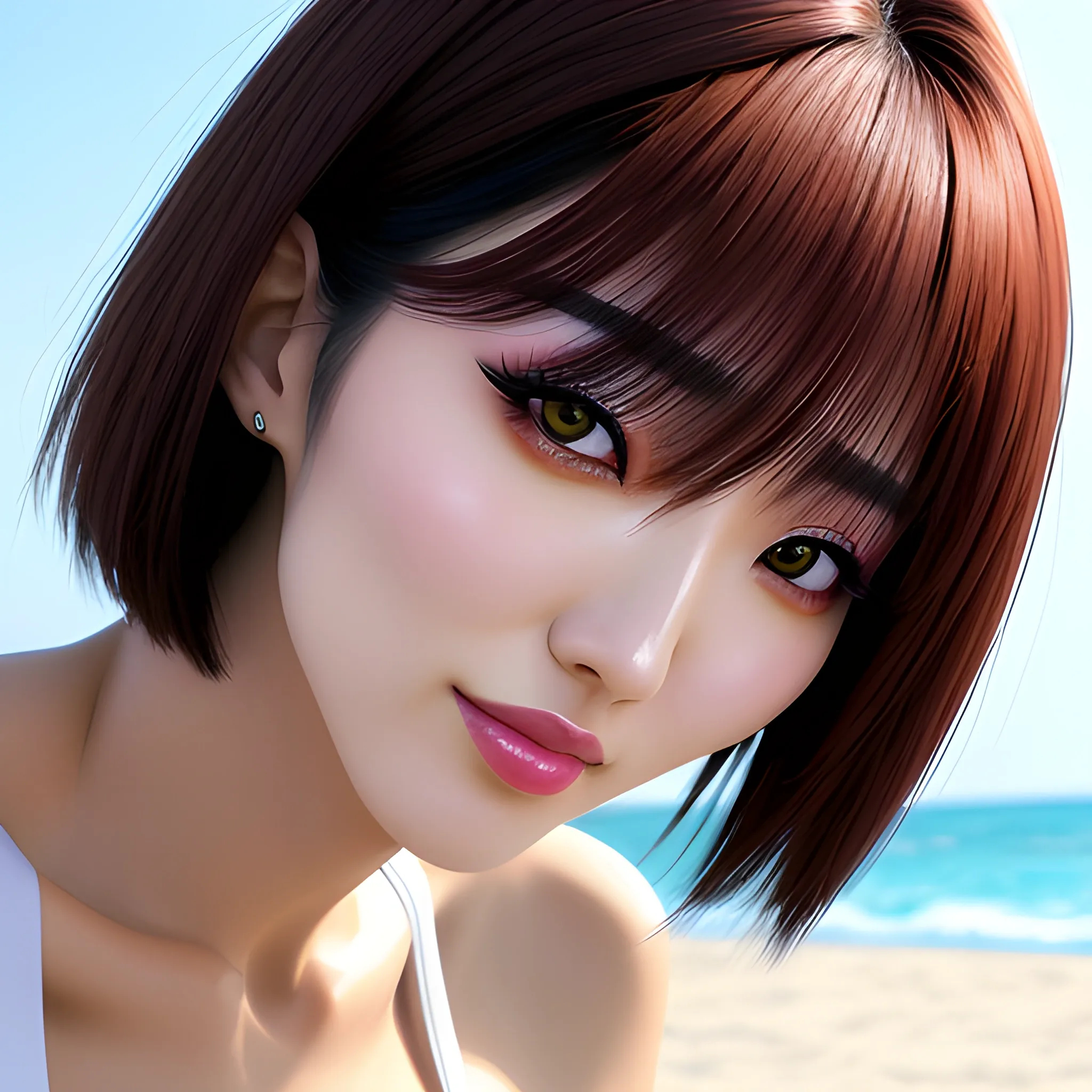 best quality, ultra hi res, photo reaslistic, a photography of a beautiful girl, (detailed face)0.3, (ulzzang-6500)0.2, 1girl, Japanese idol (Japanese actress),  short hair, two legs,two hands, on the beach, looking at viewer,slant eyes,no eye make,small face,brown skin,chilloutmix,bikini